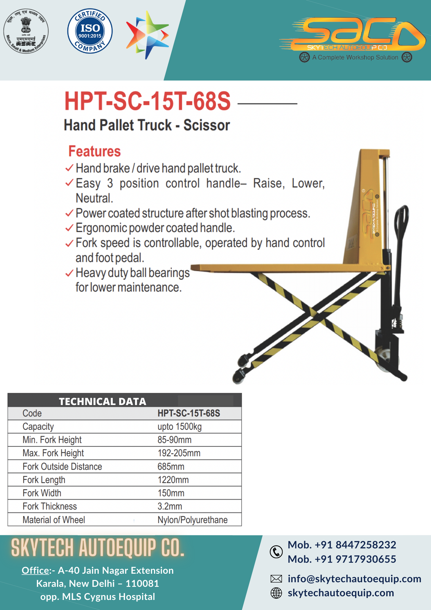 Hand Pallet Truck - 1500kg Lifting Capacity, 90mm Scissor Lift Height | Ergonomic Control Handle, Powder Coated Finish, Hand Brake System, Heavy-duty Ball Bearings