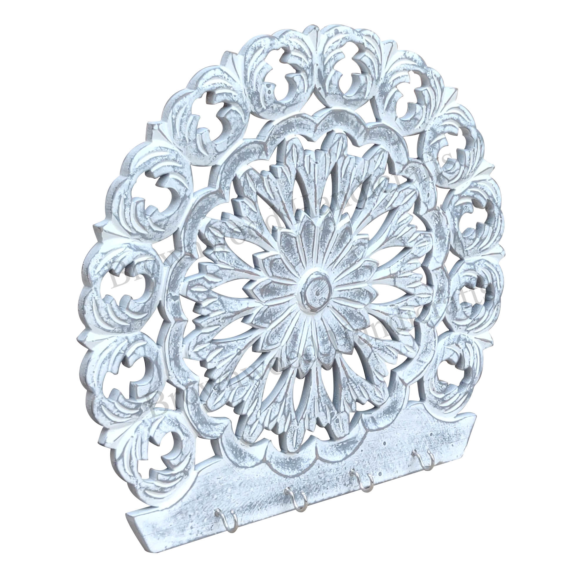 Hand-carved Wall Hooks - 16 X 15 Inches , Burnt White Antique Finish For Elegant Home Decoration