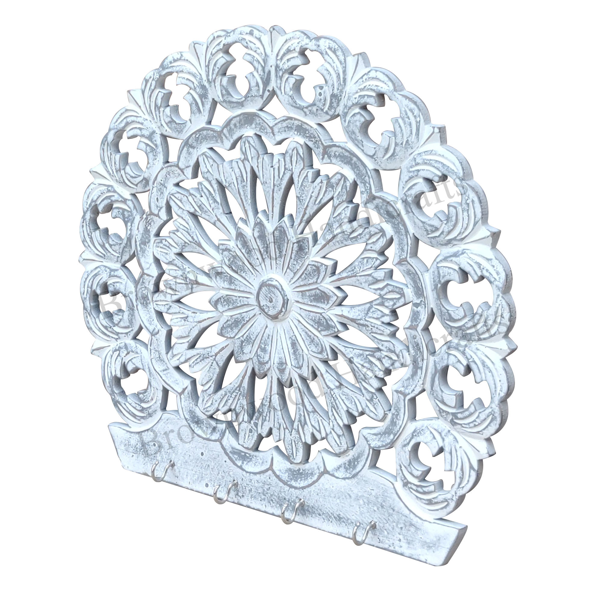 Hand-carved Wall Hooks - 16 X 15 Inches , Burnt White Antique Finish For Elegant Home Decoration