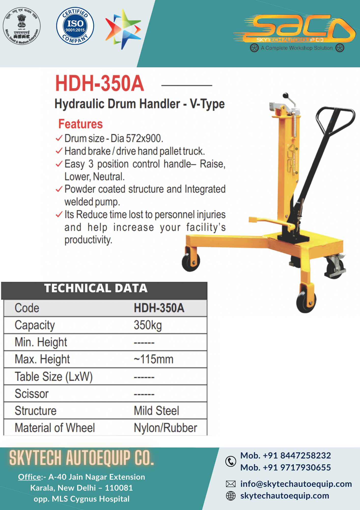 Hydraulic Drum Handler - 350kg Lift Capacity, 572x900mm Drum Size | Scissor Lift Design, Easy 3 Position Control Handle