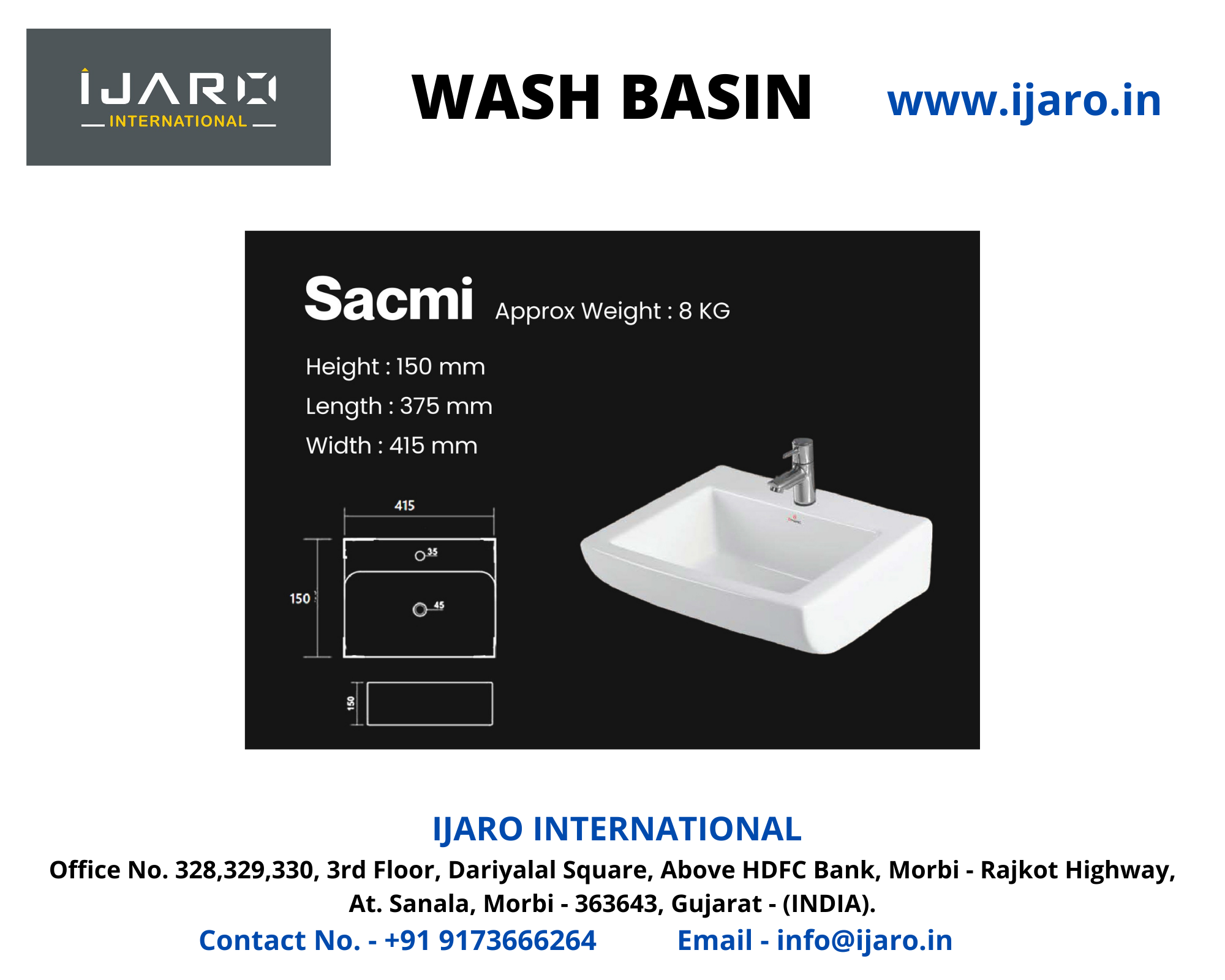 Wash Basin - 18 X 13 Inches , Ceramic Material, 15 Kg Weight, Elegant White Design