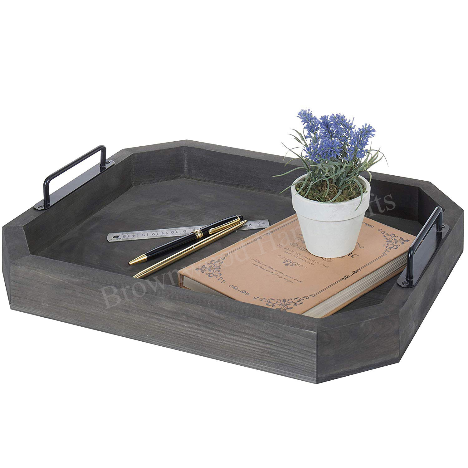 Pine Wood Serving Tray With Metal Handle Set Size: 16