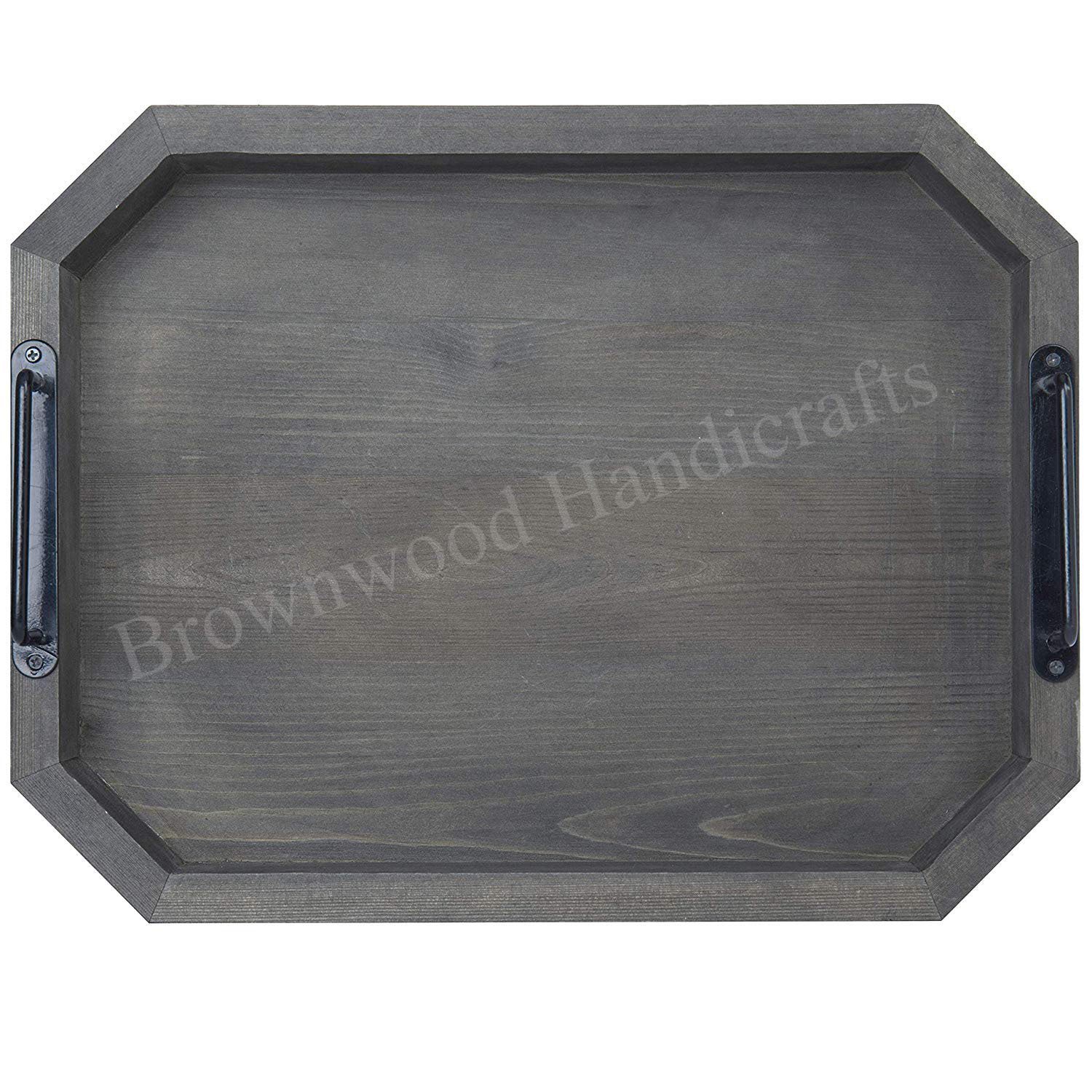 Pine Wood Serving Tray With Metal Handle Set Size: 16