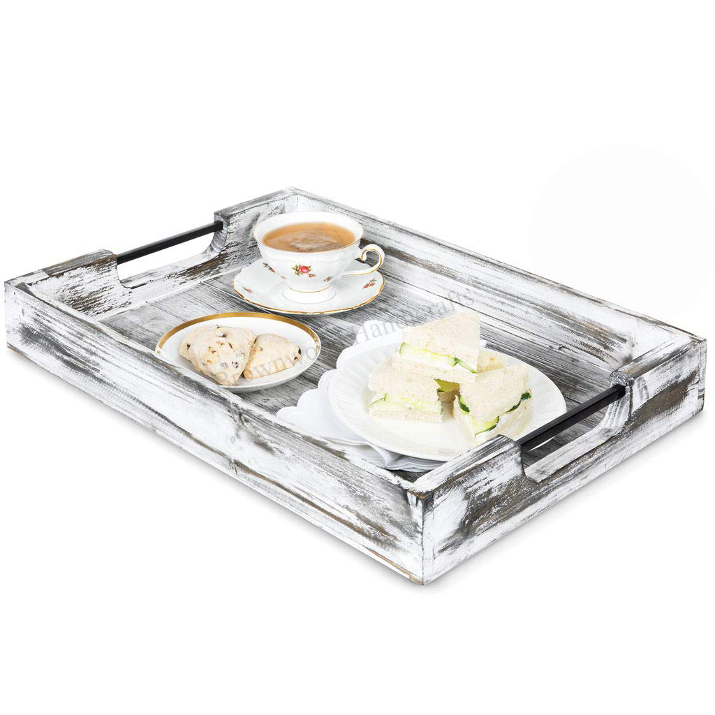 Pine Wood Serving Tray With Metal Handle Set Size: 18 X 12 X 2.5 Inch