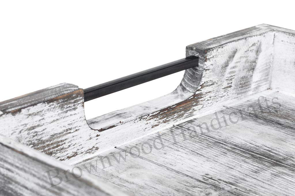 Pine Wood Serving Tray With Metal Handle Set Size: 18 X 12 X 2.5 Inch