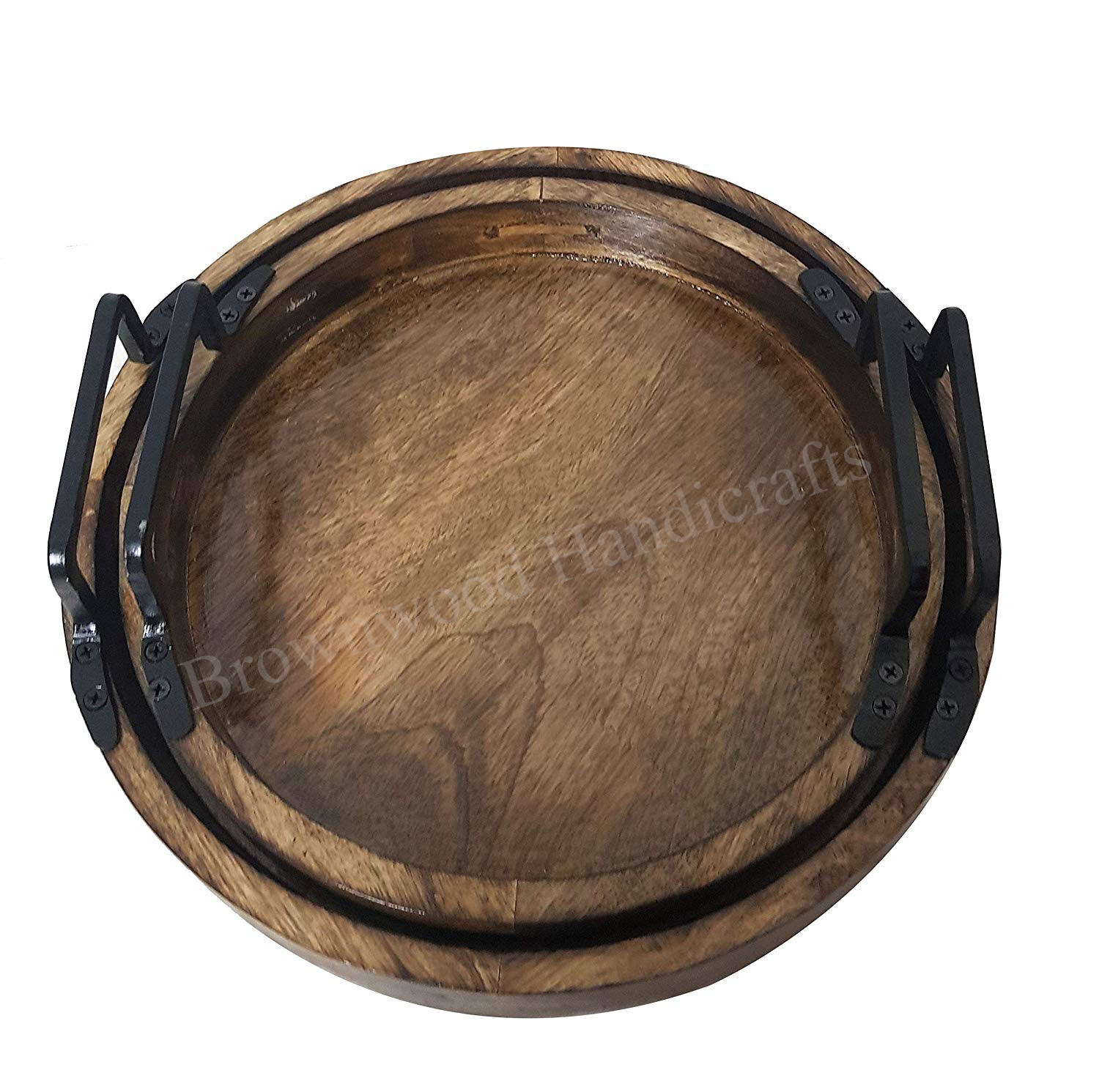 Pine Wood Serving Tray With Metal Handle Set Size: 10 X 10 X 2 & 8 X 8 X 2 Inches