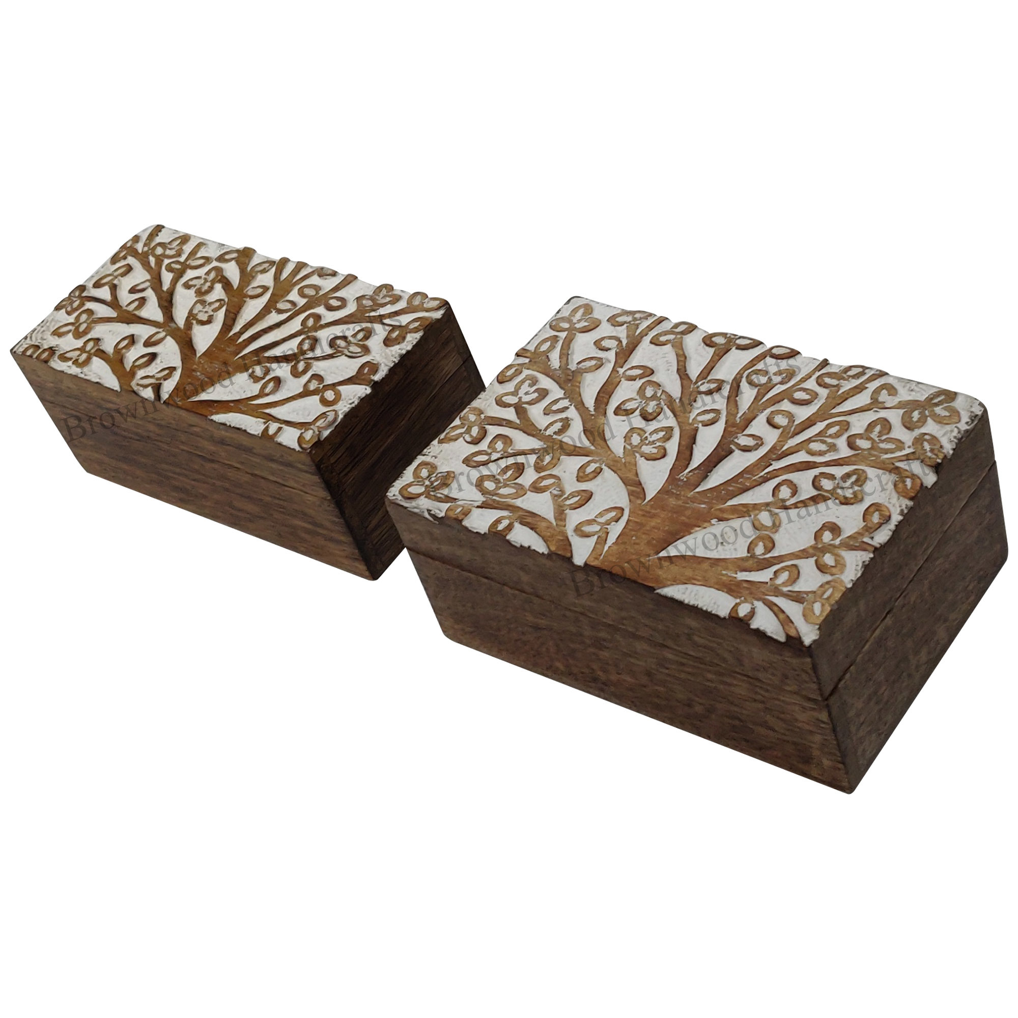 Mango Wood Carved Box Set Of 2 - 6 X 4 X 2.5 Inch & 6 X 3 X 2.5 Inch, Burnt White Antique Finish, Handcrafted For Home Decoration