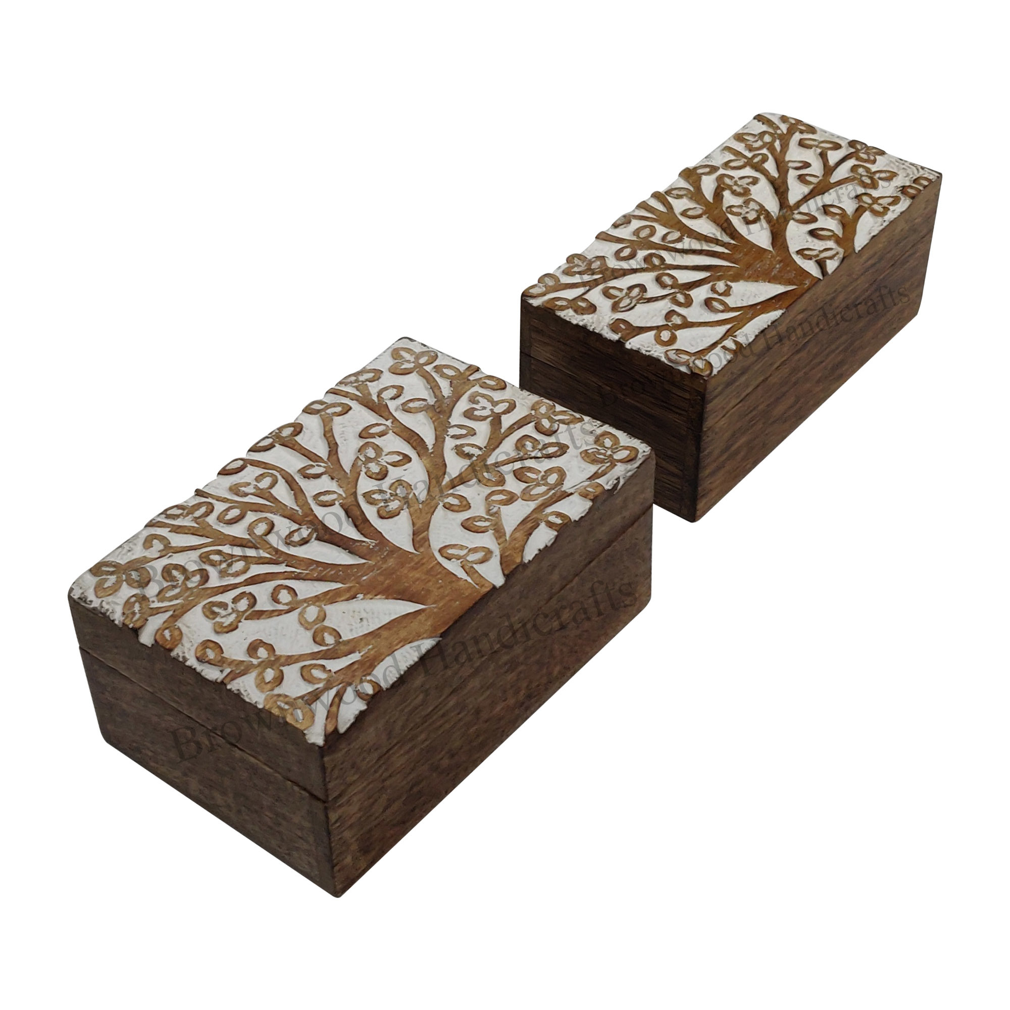 Mango Wood Carved Box Set Of 2 - 6 X 4 X 2.5 Inch & 6 X 3 X 2.5 Inch, Burnt White Antique Finish, Handcrafted For Home Decoration