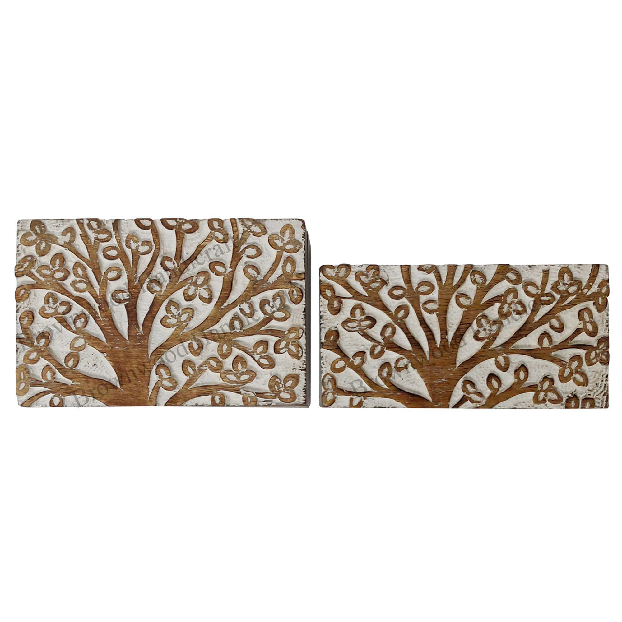 Mango Wood Carved Box Set Of 2 - 6 X 4 X 2.5 Inch & 6 X 3 X 2.5 Inch, Burnt White Antique Finish, Handcrafted For Home Decoration