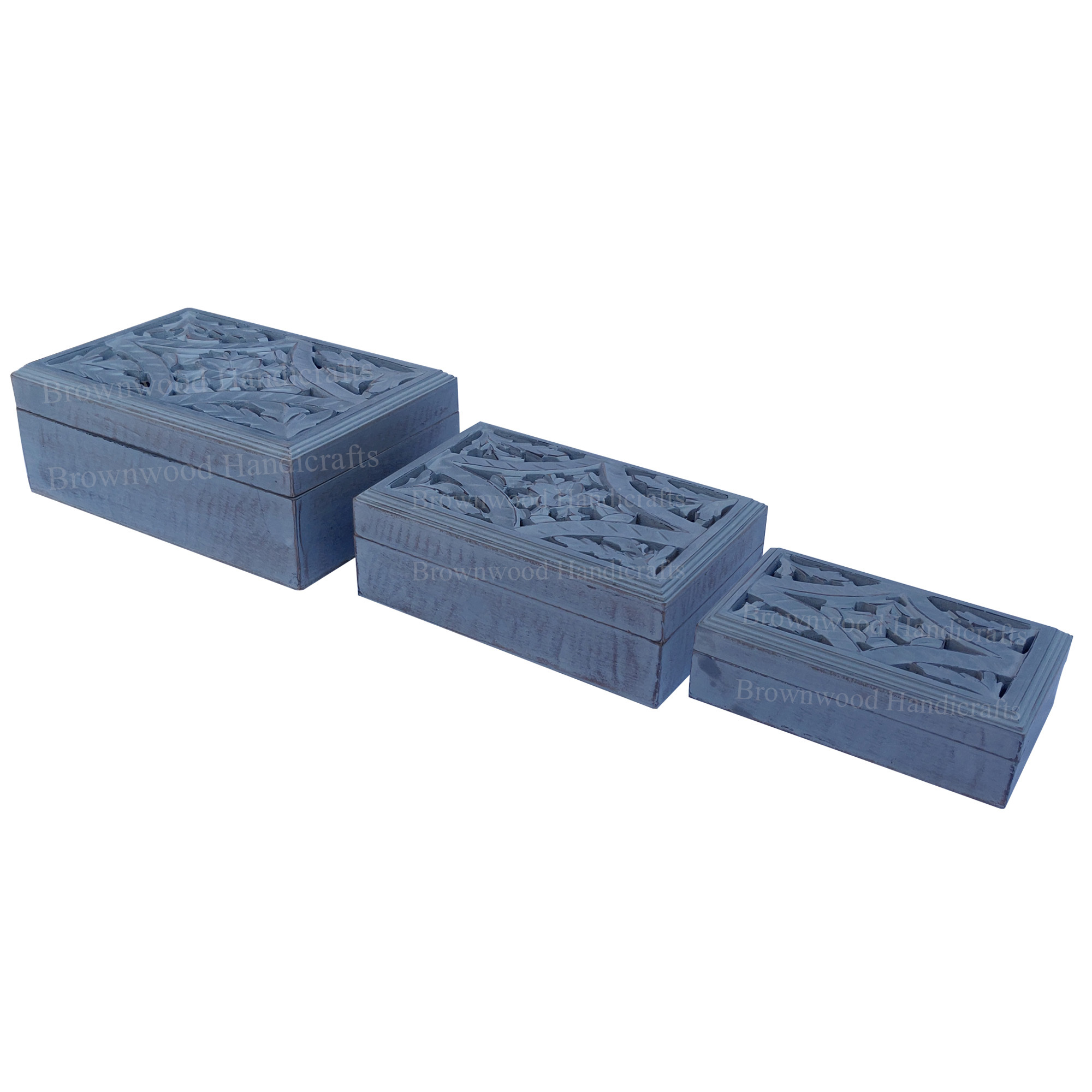 Mango Wood Carved Box Set Of 3 Size: 12 X 8 X 4.5