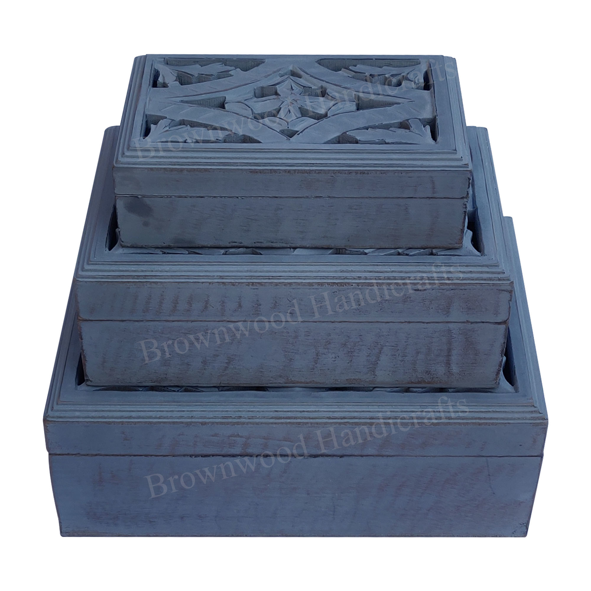 Mango Wood Carved Box Set Of 3 Size: 12 X 8 X 4.5