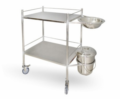 Dressing Trolley - Stainless Steel, 1120 x 495 x 900 mm , 2 Shelves with Side Railings, Removable Bowl & SS Bucket with Lid