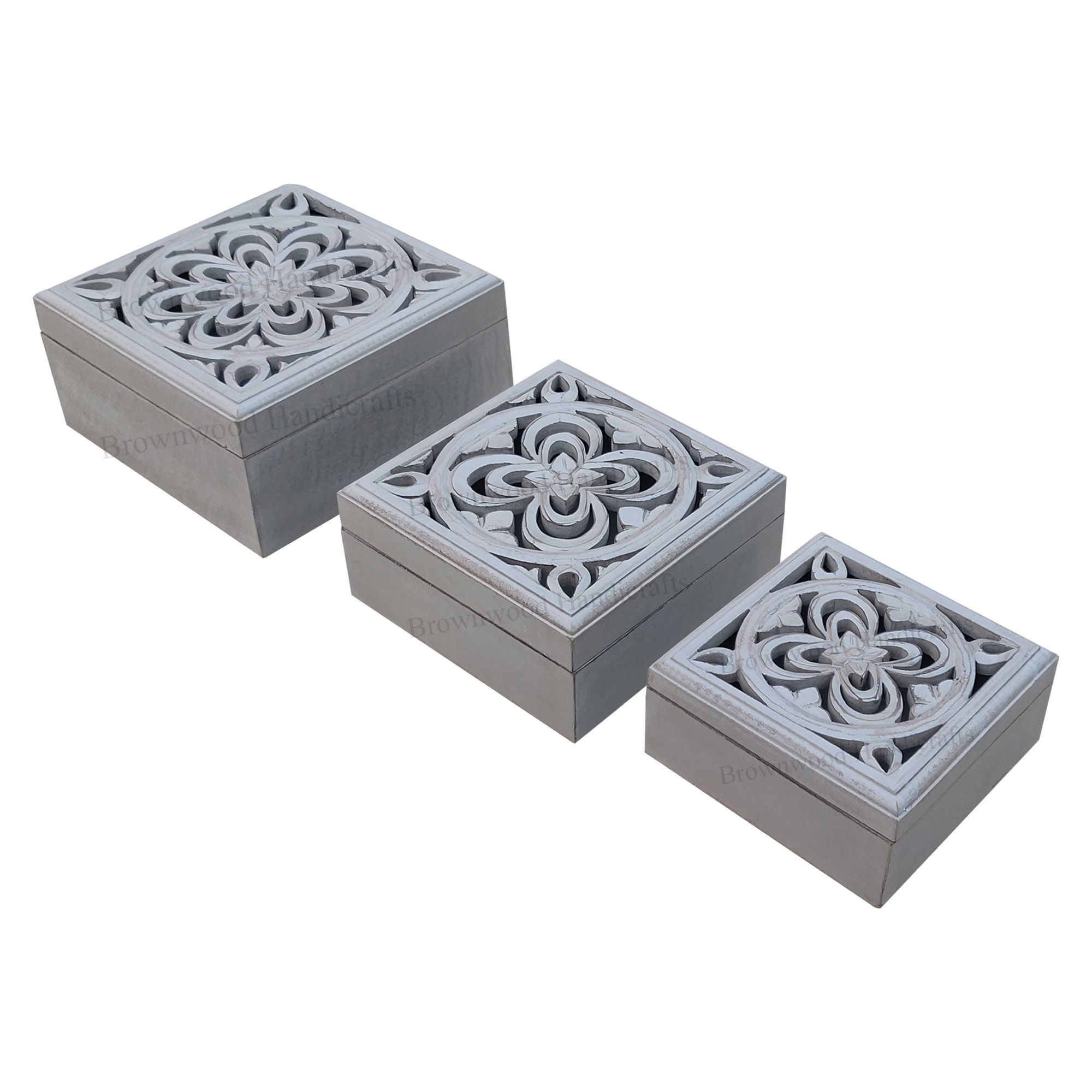 Mango Wood Carved Box Set Of 3 Size: 10 X 10 X 5