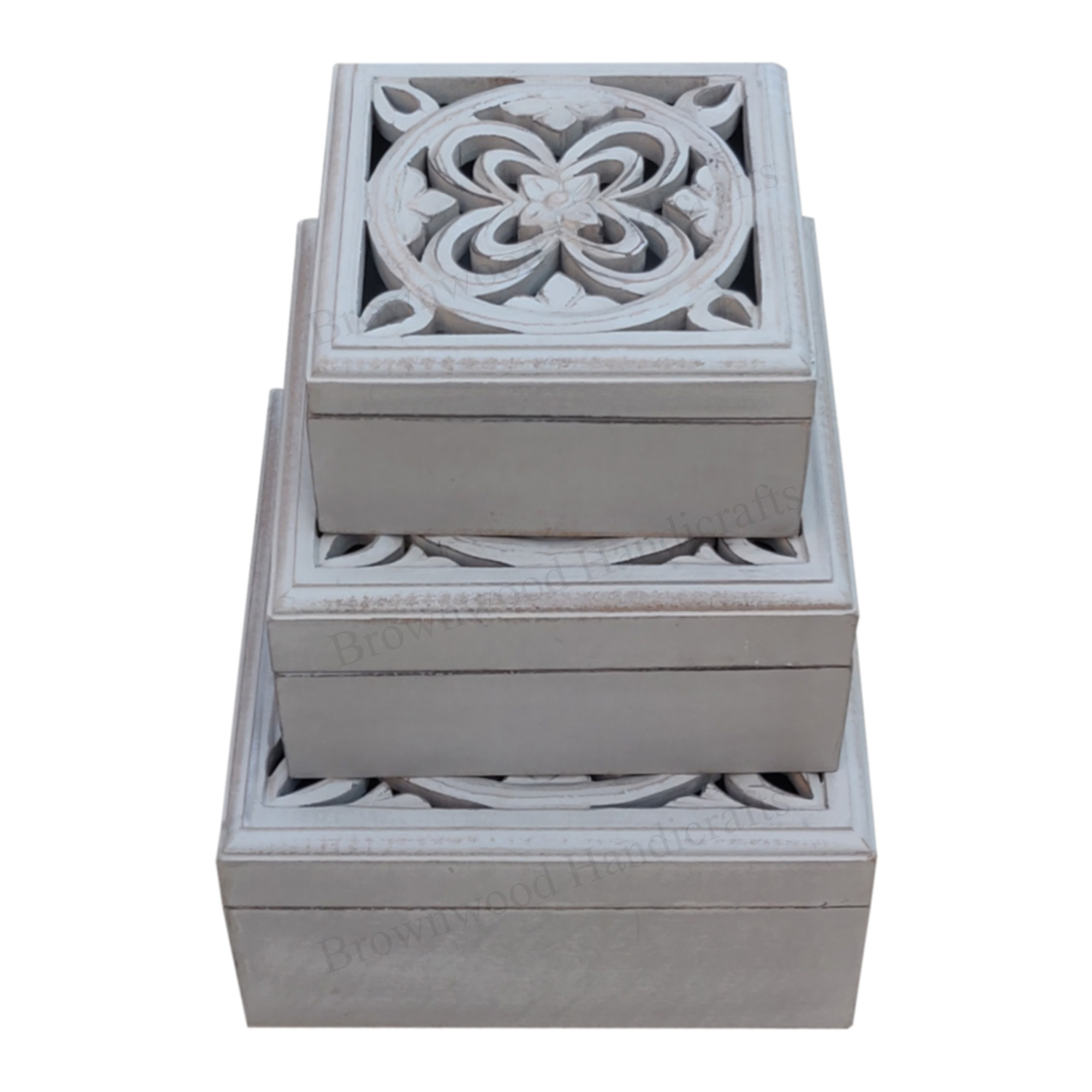 Mango Wood Carved Box Set Of 3 Size: 10 X 10 X 5