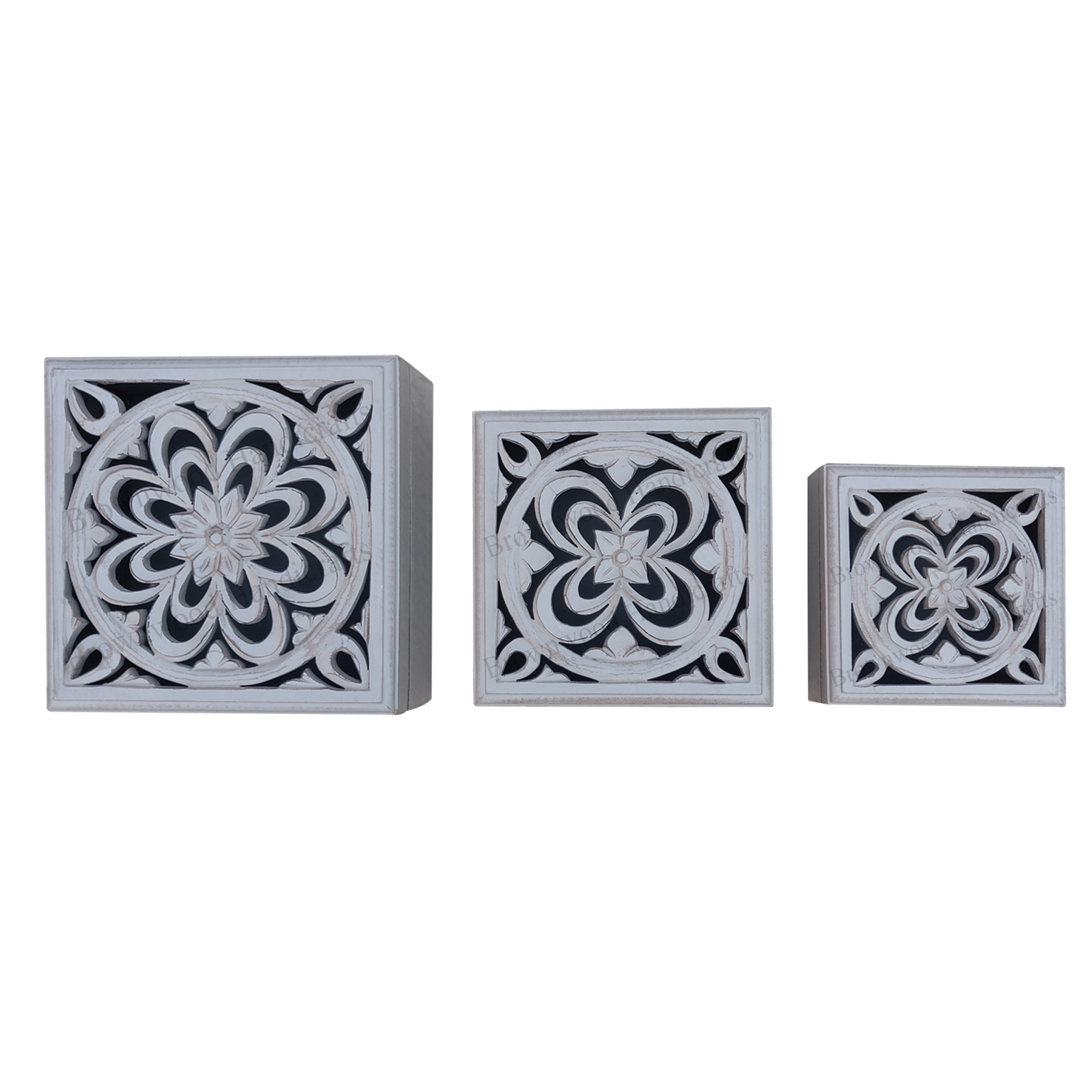 Mango Wood Carved Box Set Of 3 Size: 10 X 10 X 5
