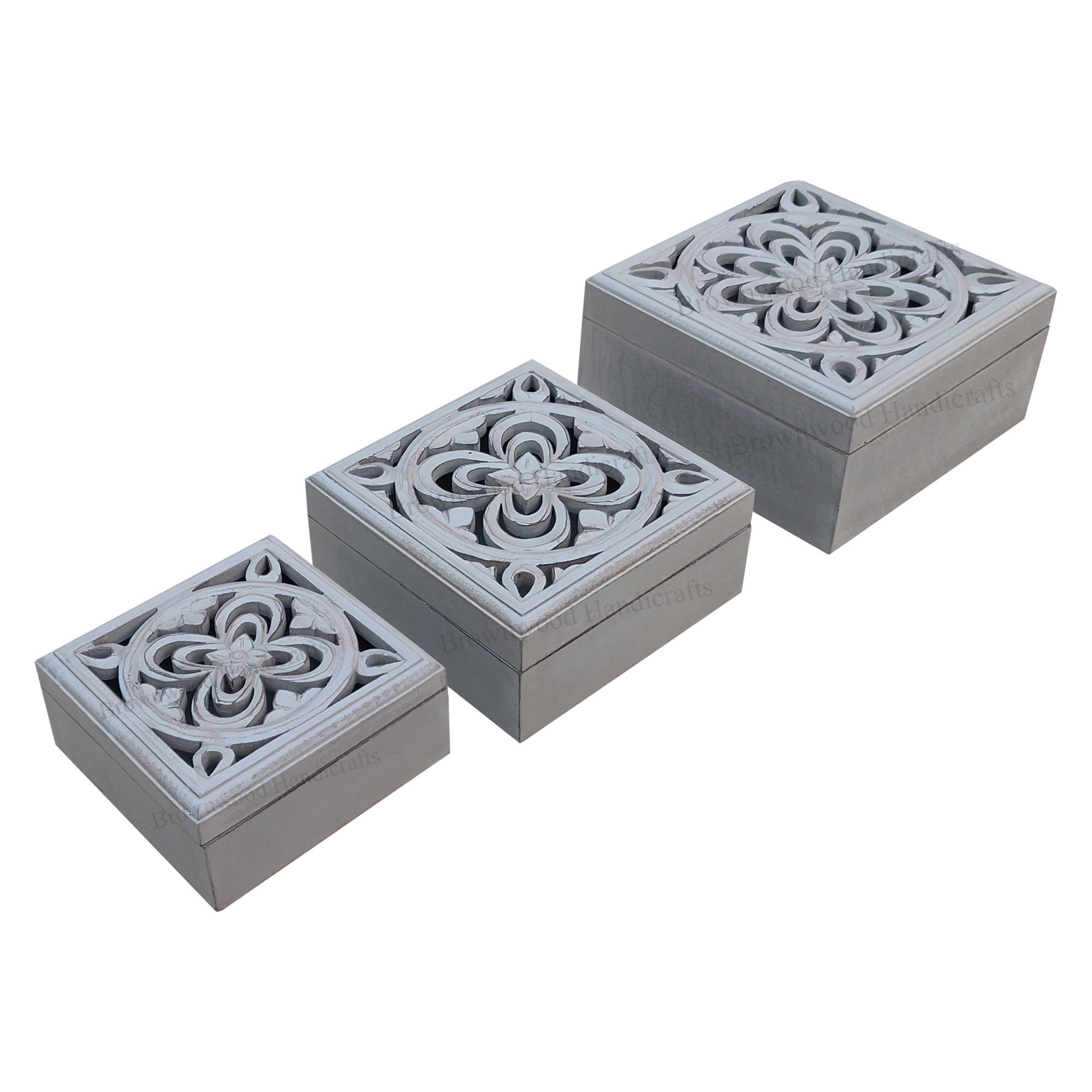 Mango Wood Carved Box Set Of 3 Size: 10 X 10 X 5