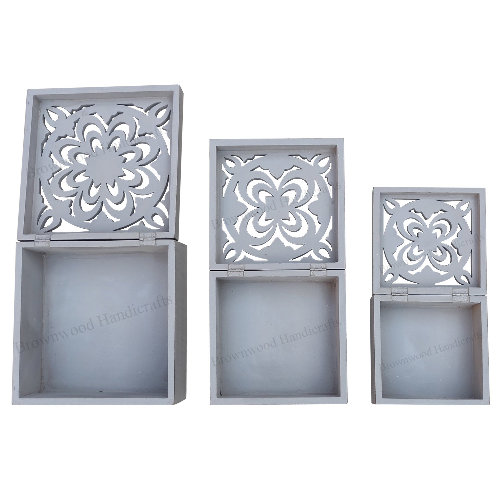 Mango Wood Carved Box Set Of 3 Size: 10 X 10 X 5