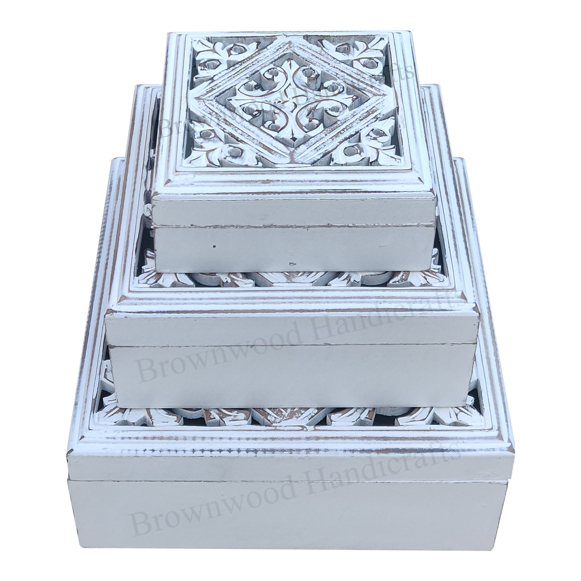 Mango Wood Carved Box Set Of 3 - 12x12x5, 9.5x9.5x4, 7x7x3 Inches | Distressed Burnt White Finish, Hand Crafted Indian Home Decoration