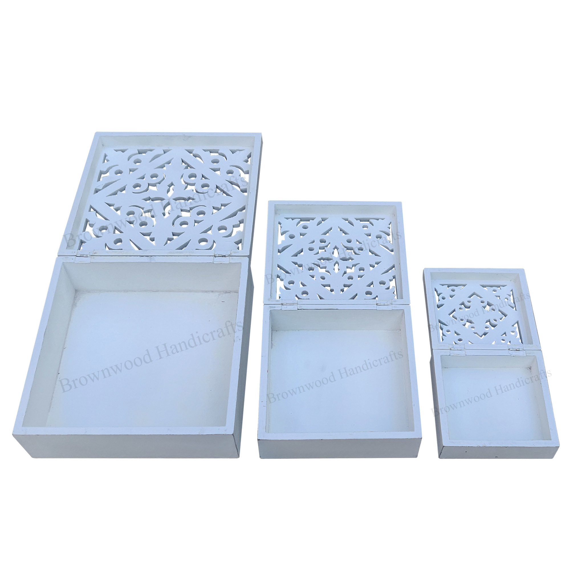 Mango Wood Carved Box Set Of 3 - 12x12x5, 9.5x9.5x4, 7x7x3 Inches | Distressed Burnt White Finish, Hand Crafted Indian Home Decoration