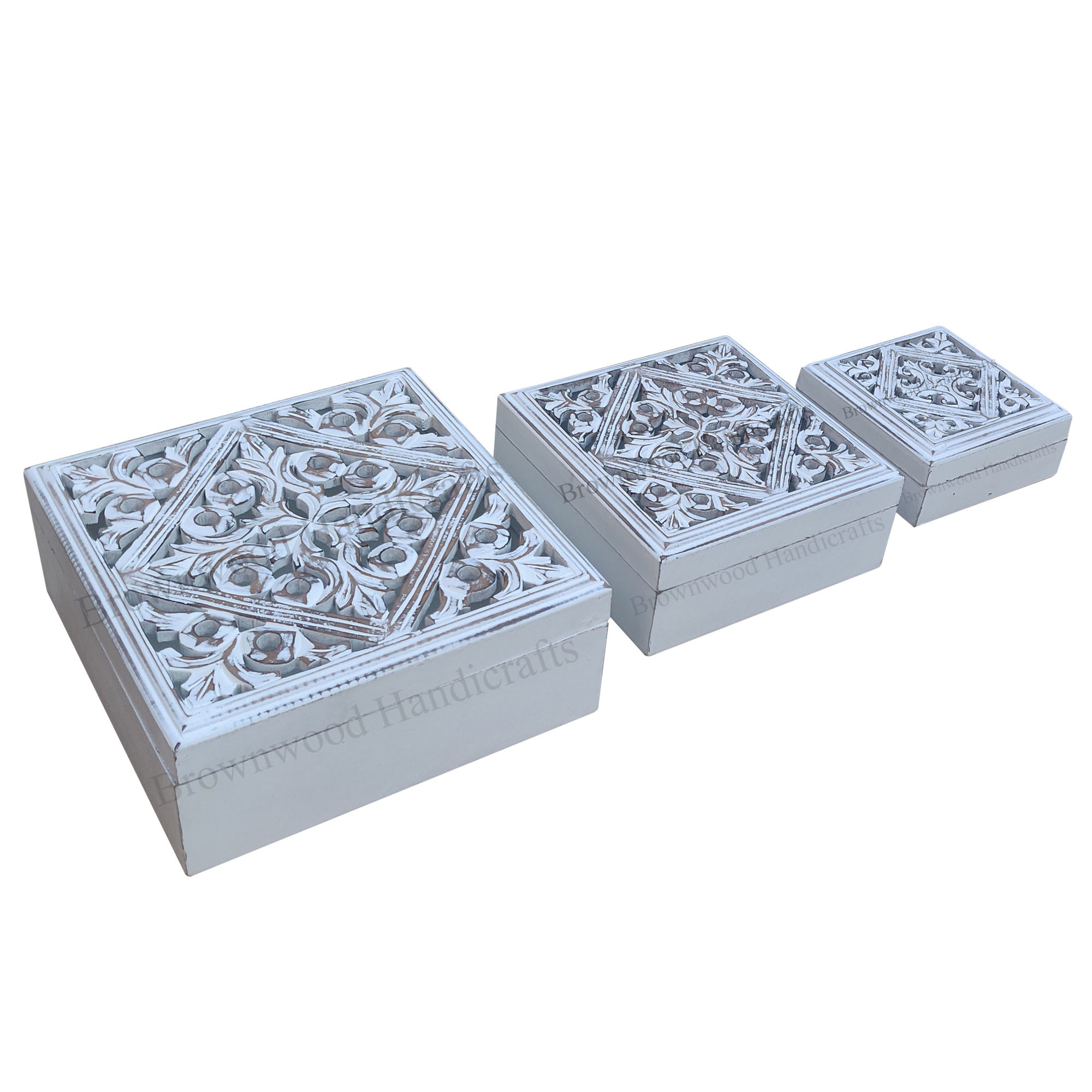 Mango Wood Carved Box Set Of 3 - 12x12x5, 9.5x9.5x4, 7x7x3 Inches | Distressed Burnt White Finish, Hand Crafted Indian Home Decoration
