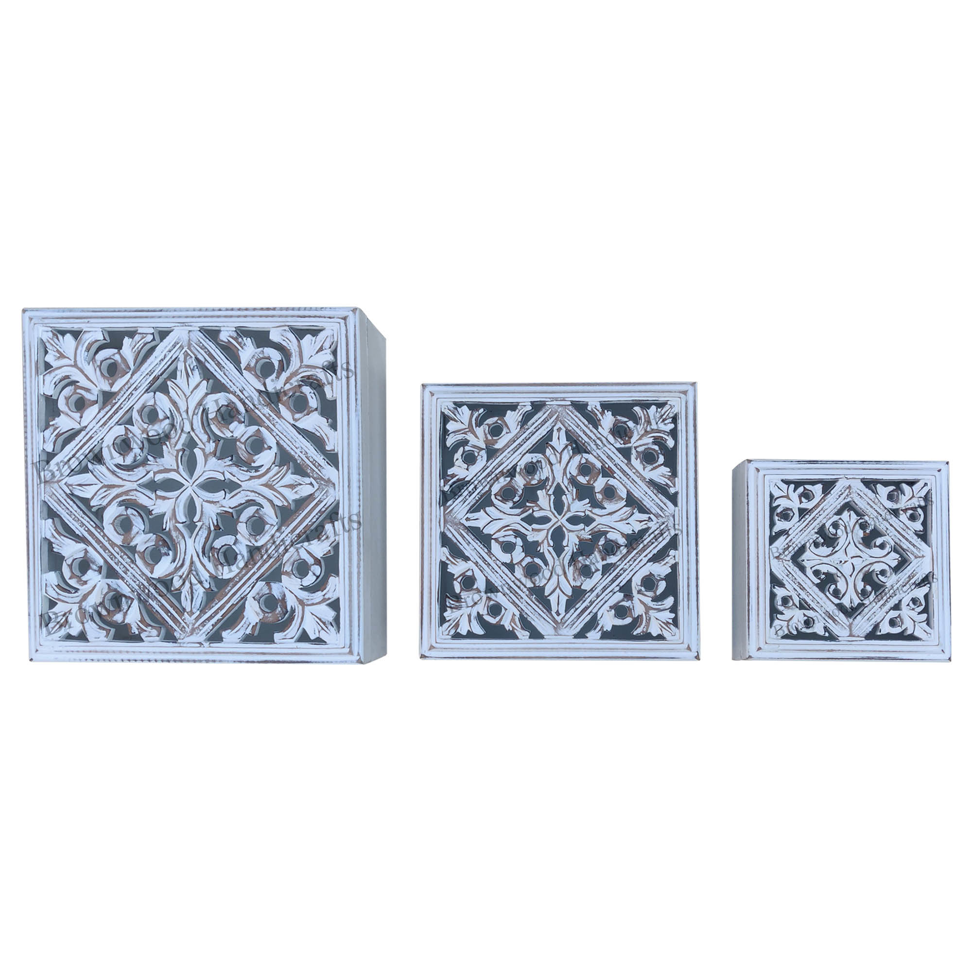 Mango Wood Carved Box Set Of 3 - 12x12x5, 9.5x9.5x4, 7x7x3 Inches | Distressed Burnt White Finish, Hand Crafted Indian Home Decoration