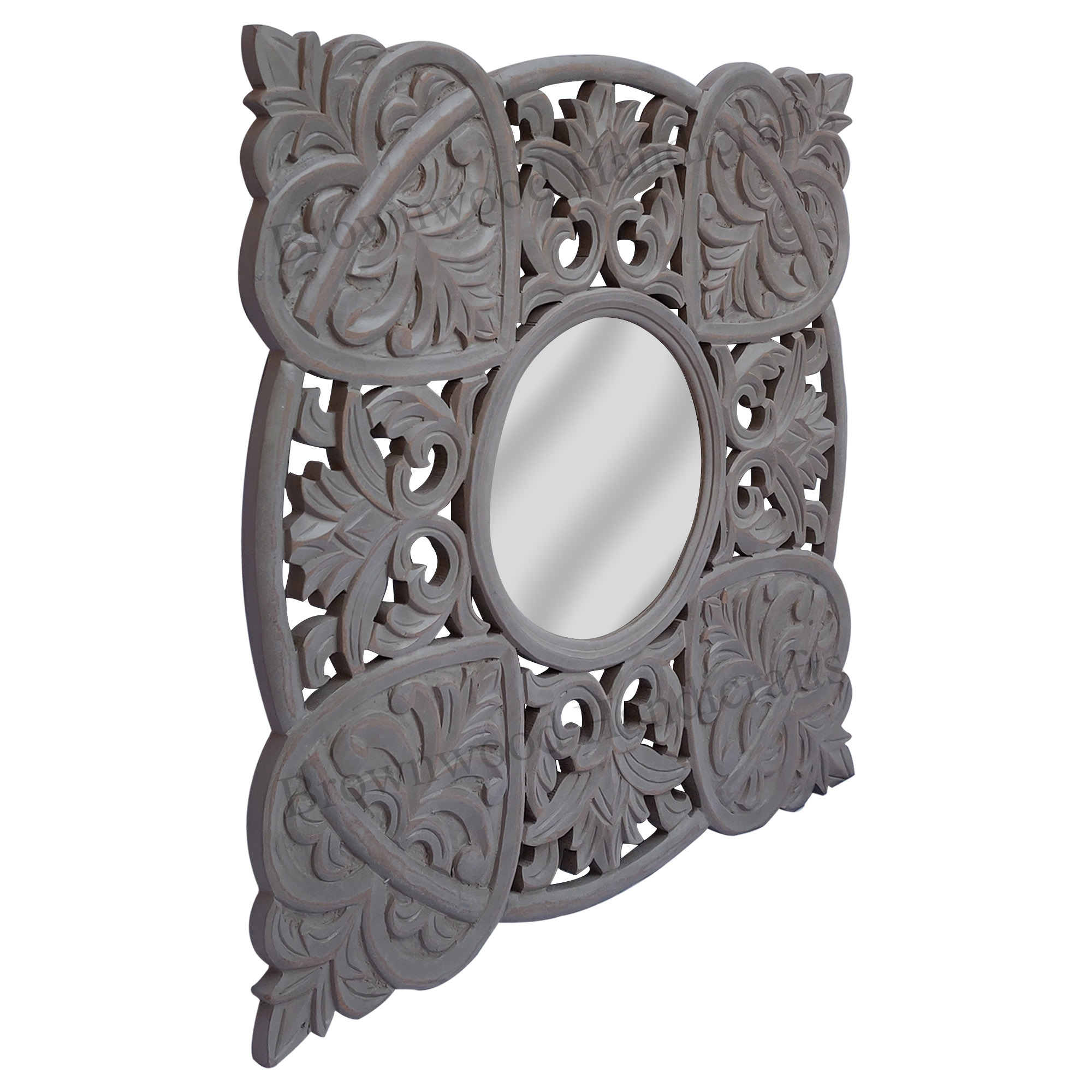 Hand Carved Mirror Frame - Wood, 24 X 24 Inches, Green Antique | Holiday Decoration & Gift, Home Decoration