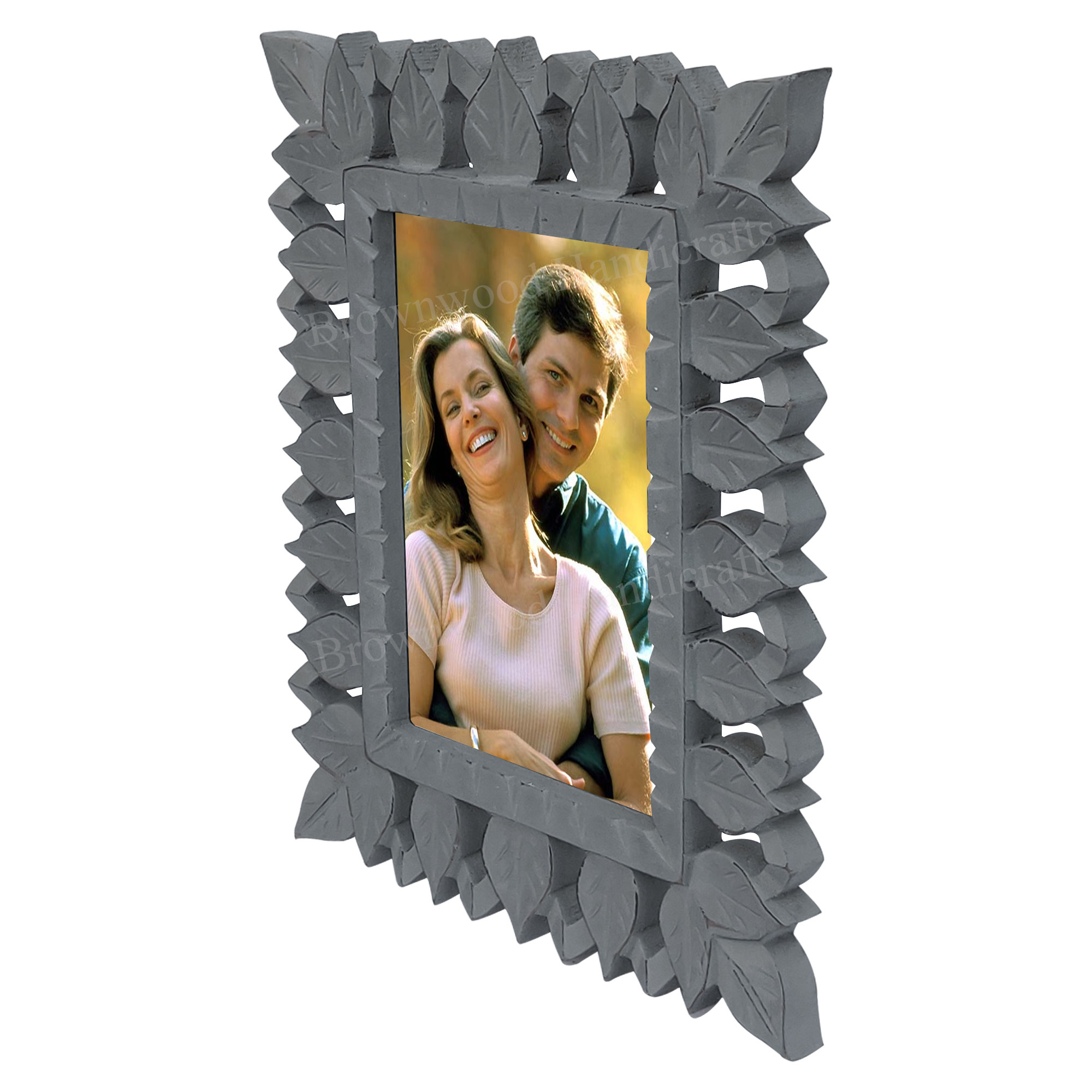 Mdf Wood Carved Photo Frame - 7 X 5 X 2 Inch | Burnt Green Antique Finish, Beautiful Hand Carved Design For Gift And Home Decoration