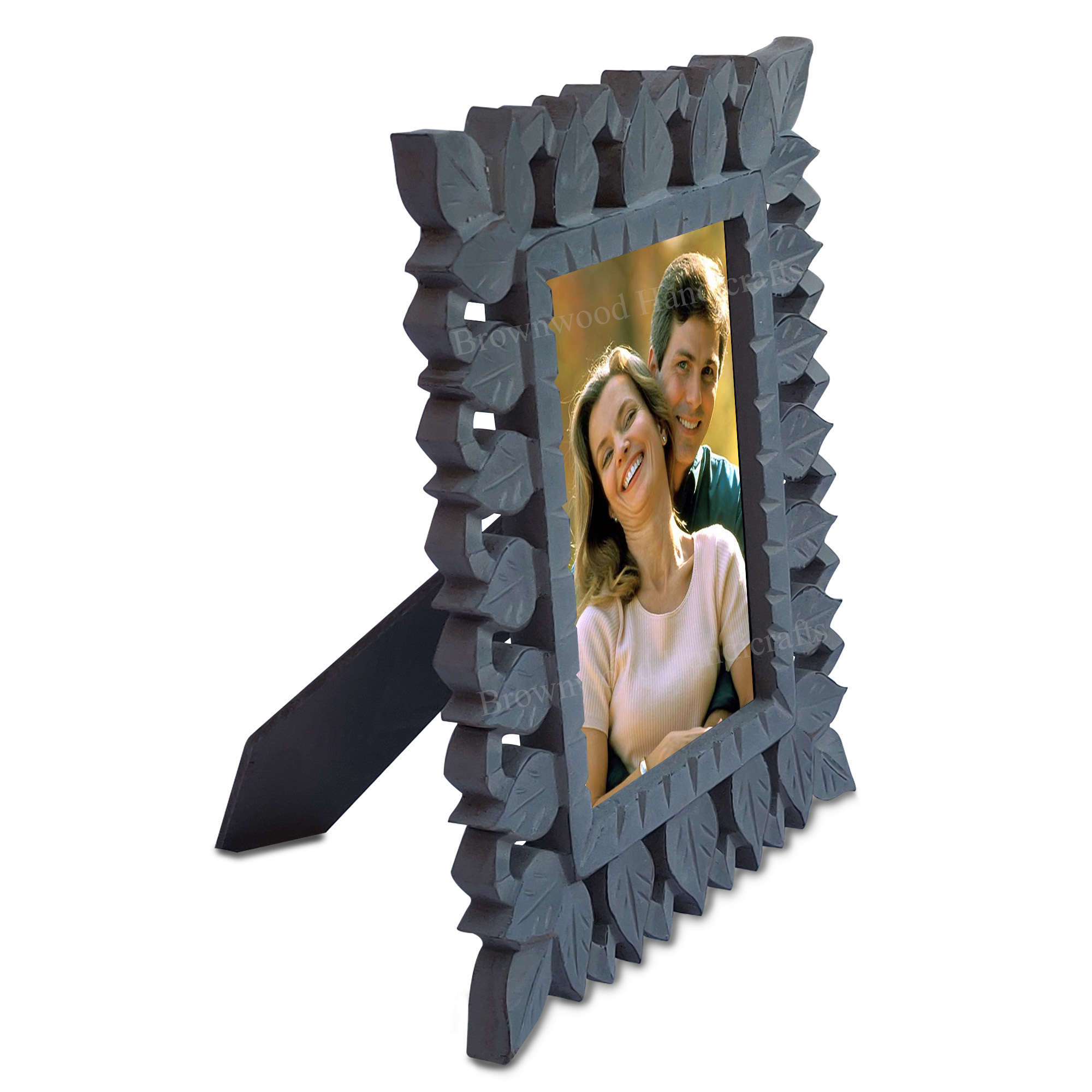Mdf Wood Carved Photo Frame - 7 X 5 X 2 Inch | Burnt Green Antique Finish, Beautiful Hand Carved Design For Gift And Home Decoration