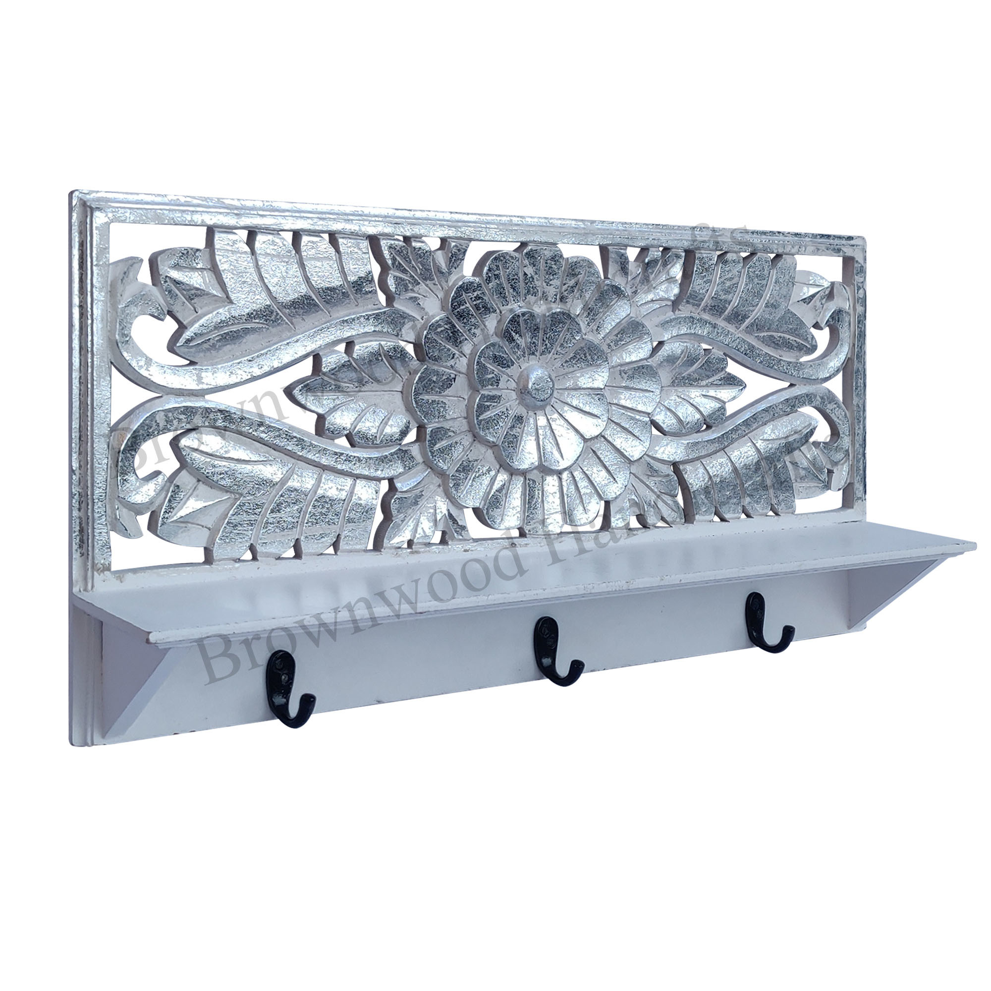 Mdf Wood Carved Wall Hook - 24 X 12 X 3.5 Inch | Handcrafted White Silver Foil Finish, Ideal For Home Decoration