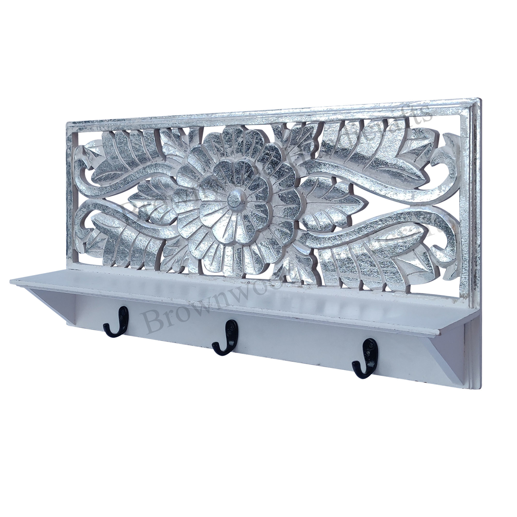 Mdf Wood Carved Wall Hook - 24 X 12 X 3.5 Inch | Handcrafted White Silver Foil Finish, Ideal For Home Decoration