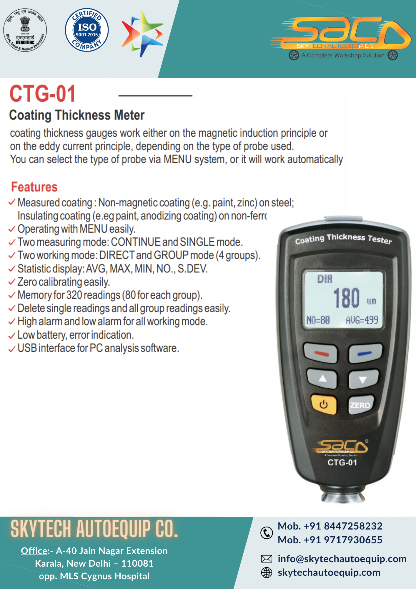 Coating Thickness Meter - 10 Centimeter Width | Magnetic Induction & Eddy Current Probes, Multi-mode Functionality, 320 Memory Readings, Usb Interface For Pc Analysis