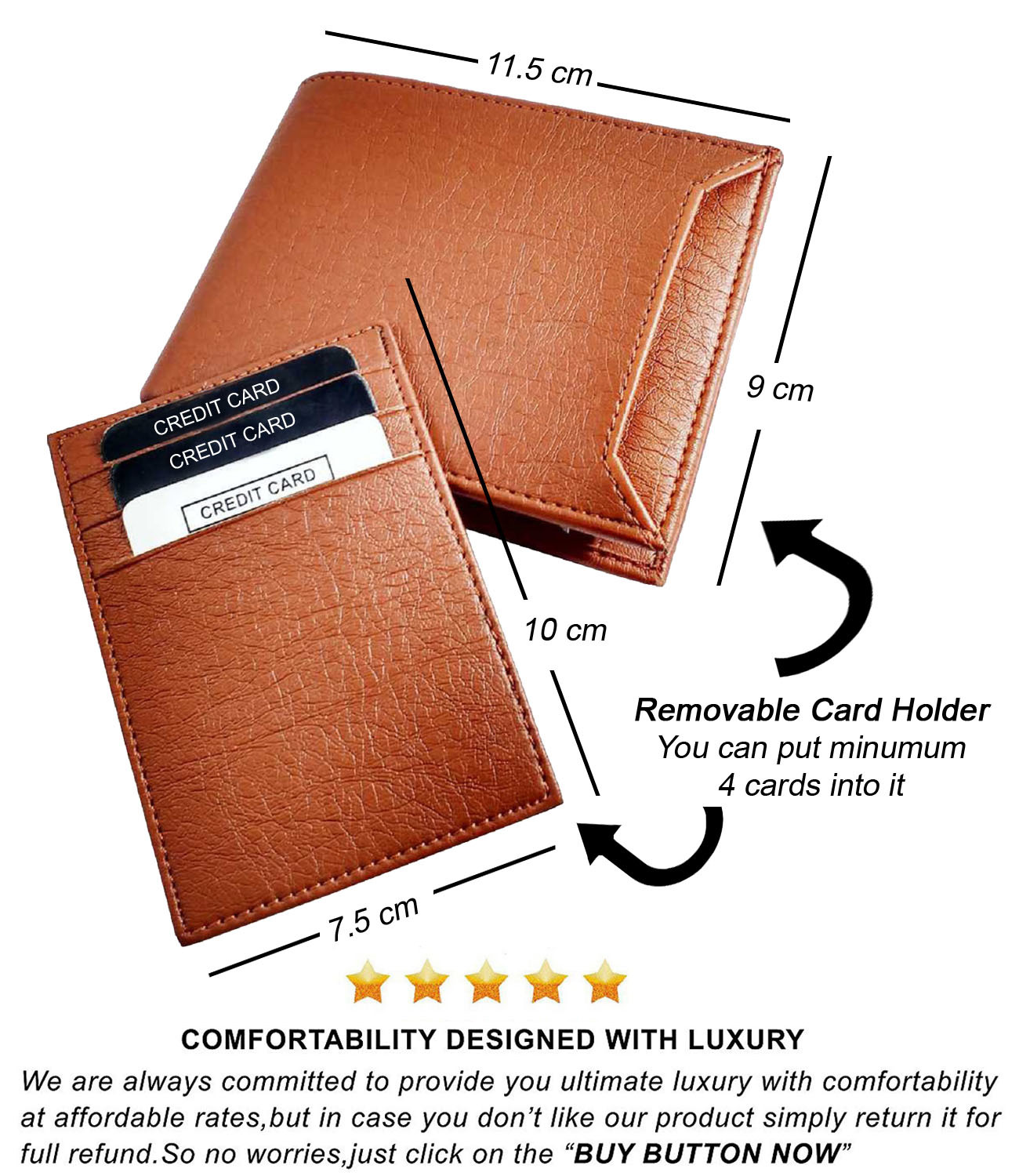 Pu Leather Tan Bi-fold Wallet - 2 Cash Compartments 2 Slip Compartments 7 Card Slots 1 Coin Pocket Removable Cardholder With 3 Card Slots Elegant Gents Purse