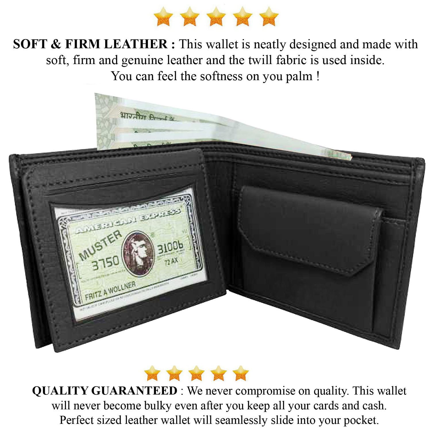 Mens Wallet Pu Leather Black Bi-fold Gents Purse Size: 11.5 X 9 X 1 Cm