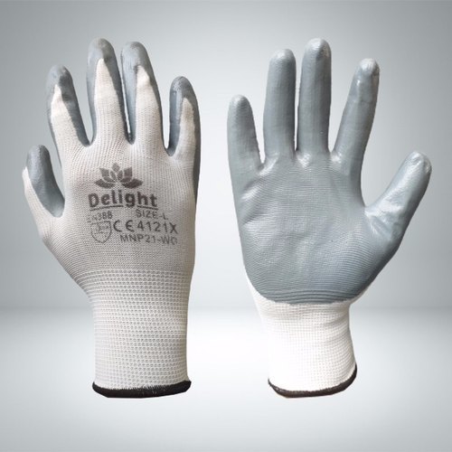 Nitrile Coated Hand Glove - Nylon/nitrile, 13 Gauge, Grey White Color | Elastic Yarn Knitted Cuff, Oil/acid/alkali Resistant, Full Finger Style