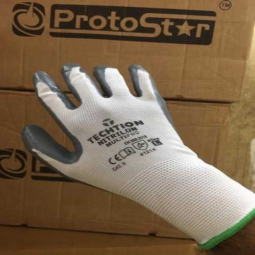 Nitrile Coated Hand Glove - Nylon/nitrile, 13 Gauge, Grey White Color | Elastic Yarn Knitted Cuff, Oil/acid/alkali Resistant, Full Finger Style