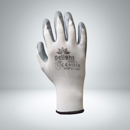 Nitrile Coated Hand Glove - Nylon/nitrile, 13 Gauge, Grey White Color | Elastic Yarn Knitted Cuff, Oil/acid/alkali Resistant, Full Finger Style