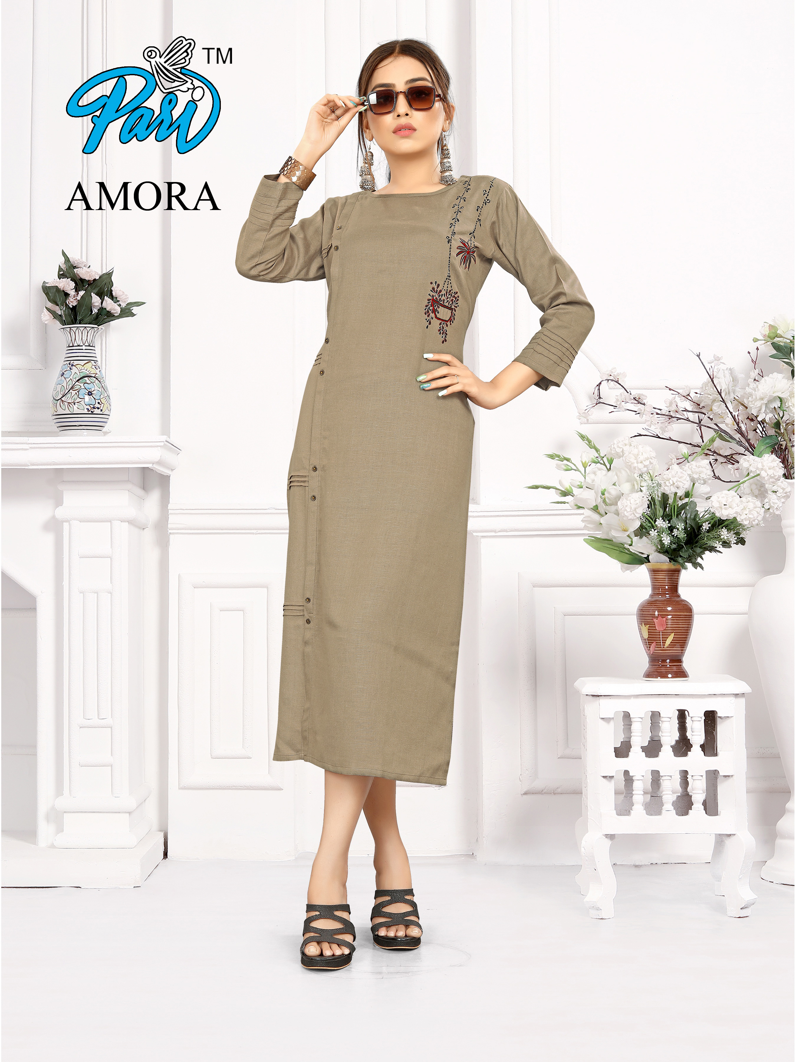 Amora Catalog - Rayon Kurti (M-38 L-40 Xl-42 Xxl-44) | Multi Color Full Sleeves Embroidered Pattern All Season Breathable Washable