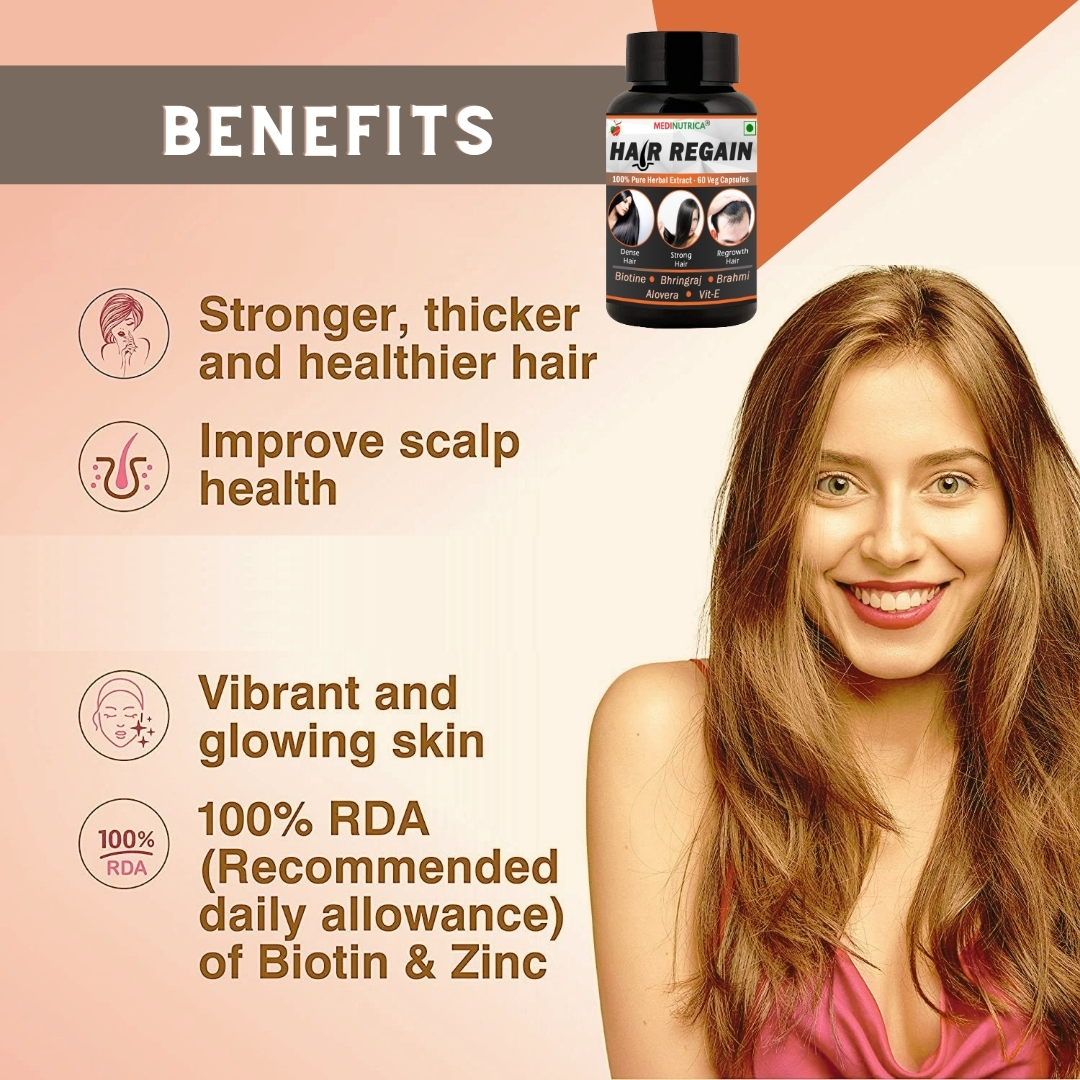 Hair Regain Biotin Capsules - 100% Pure Natural Ingredients, Promotes Hair Density & Regrowth, Reduces Hair Fall, Fights Dandruff & Itching