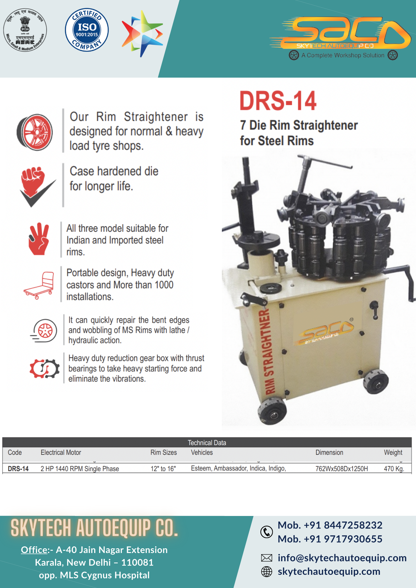 Rim Straightener - 508mm Width, 220v/50hz | Heavy-duty Castors, Case Hardened Die, Portable Design, Quick Repair For Steel Rims