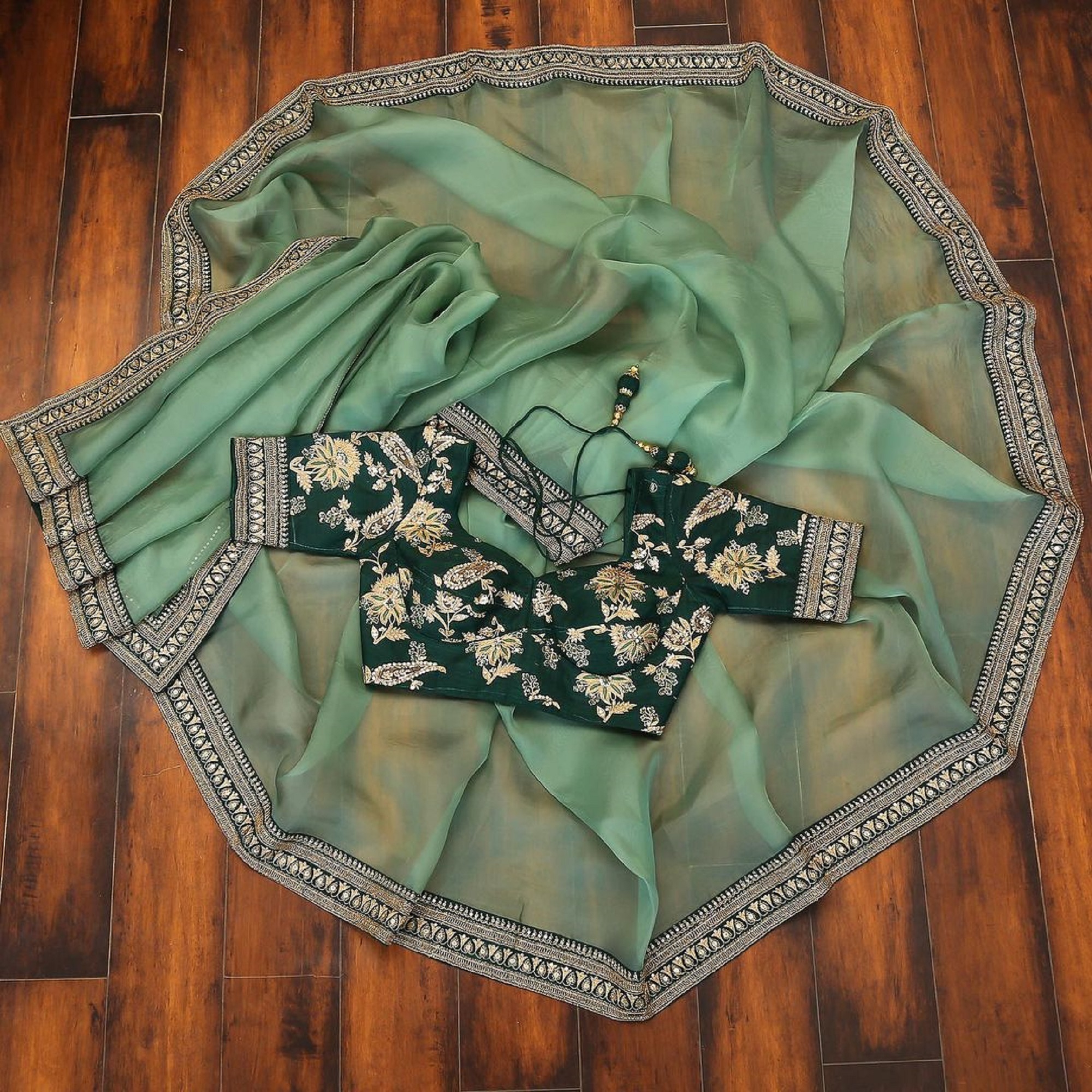 Heavy Organza Silk Embroidered Saree - Pista Green With Zari, Sequins And Dori Work | Boutique Style For Weddings And Occasional Gatherings