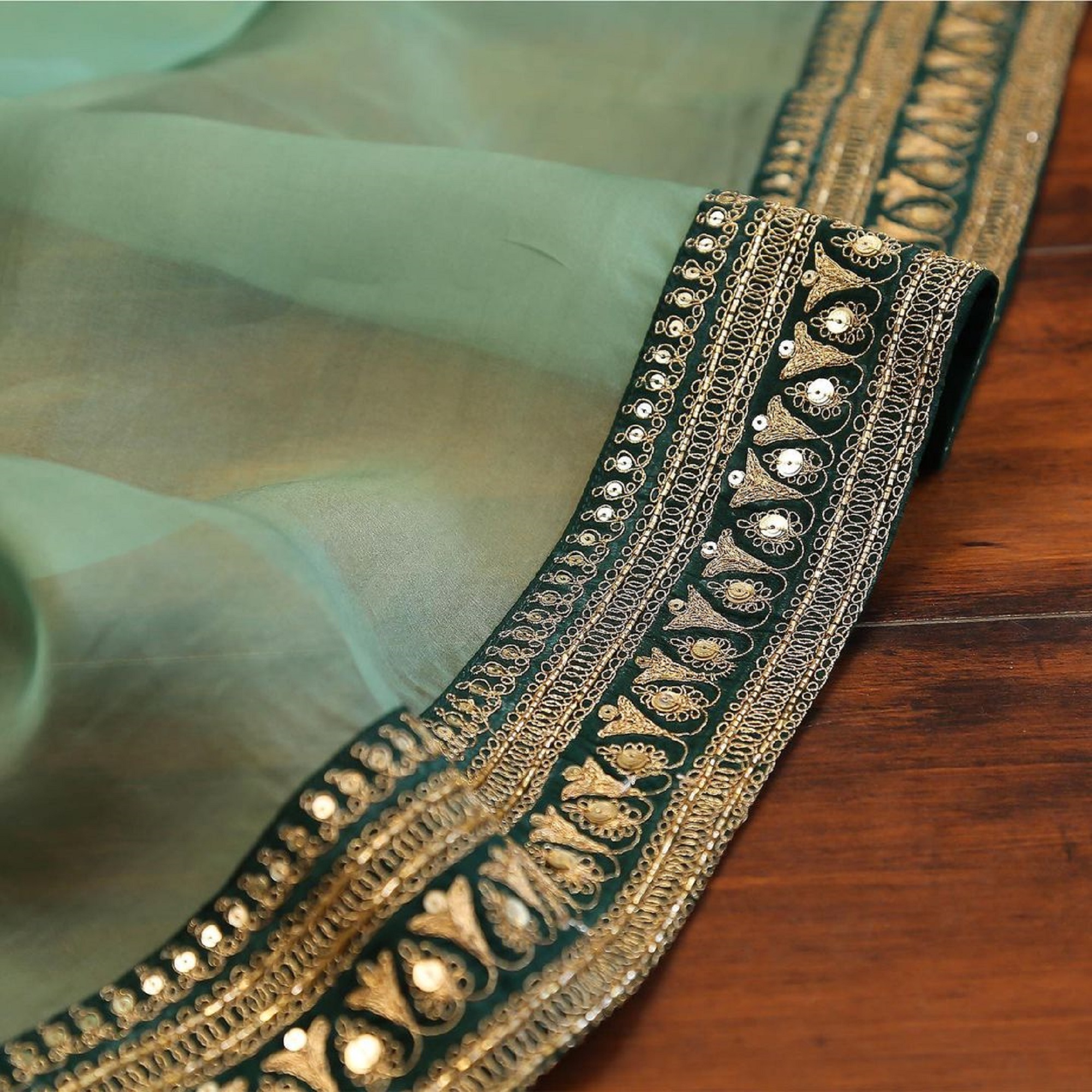 Heavy Organza Silk Embroidered Saree - Pista Green With Zari, Sequins And Dori Work | Boutique Style For Weddings And Occasional Gatherings