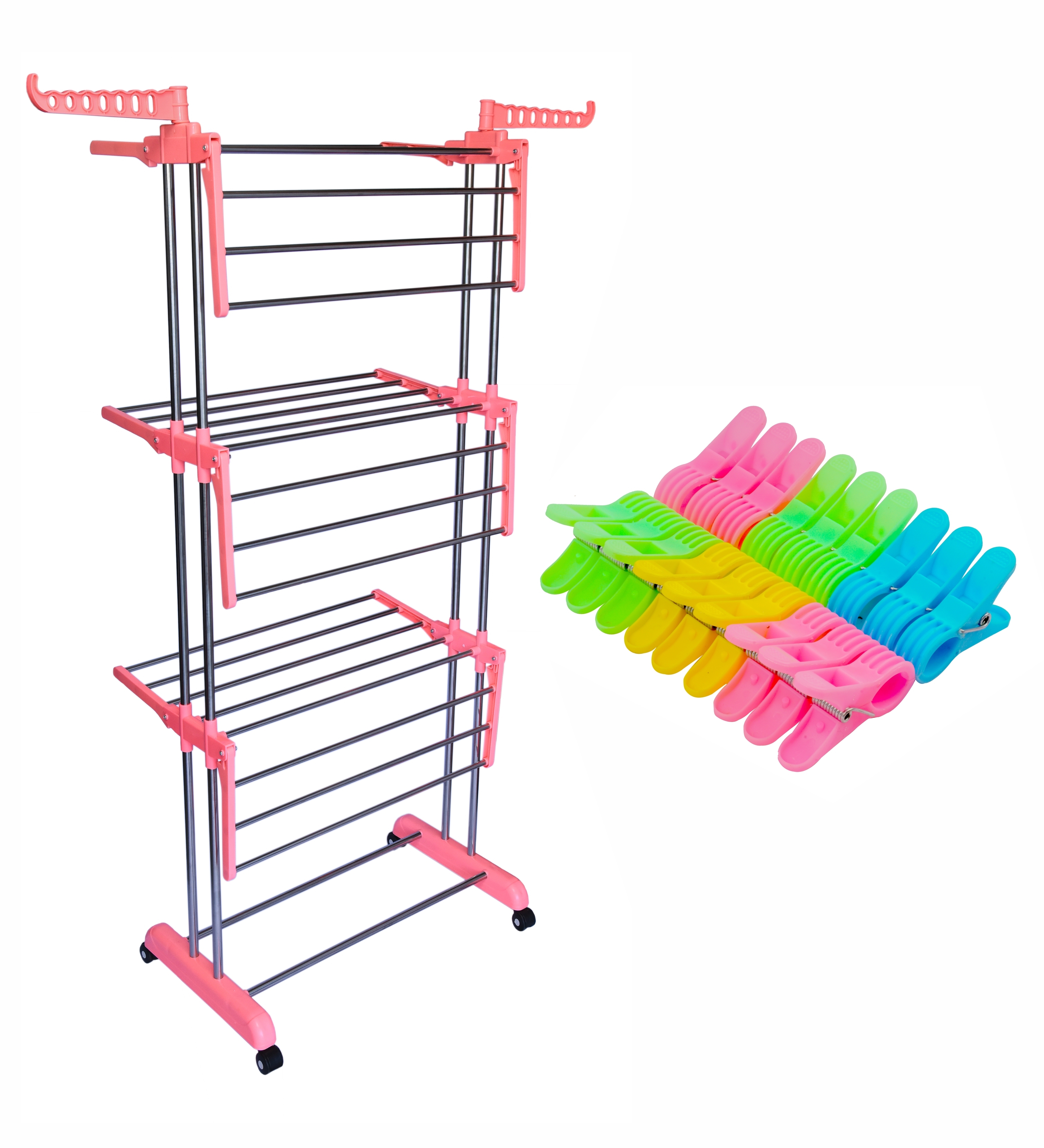 3 Layer Cloth Drying Stand - Stainless Steel & Abs, 54 Feet Drying Space, Watermelon Pink With 6 Foldable Wings & 4 Rolling Wheels