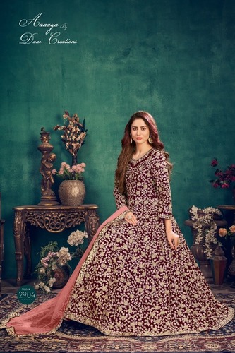 Anarkali Salwar Kameez - Velvet Plus Size with Heavy Embroidery , Cool Dry and Anti Wrinkle Features for All Season Traditional Wear