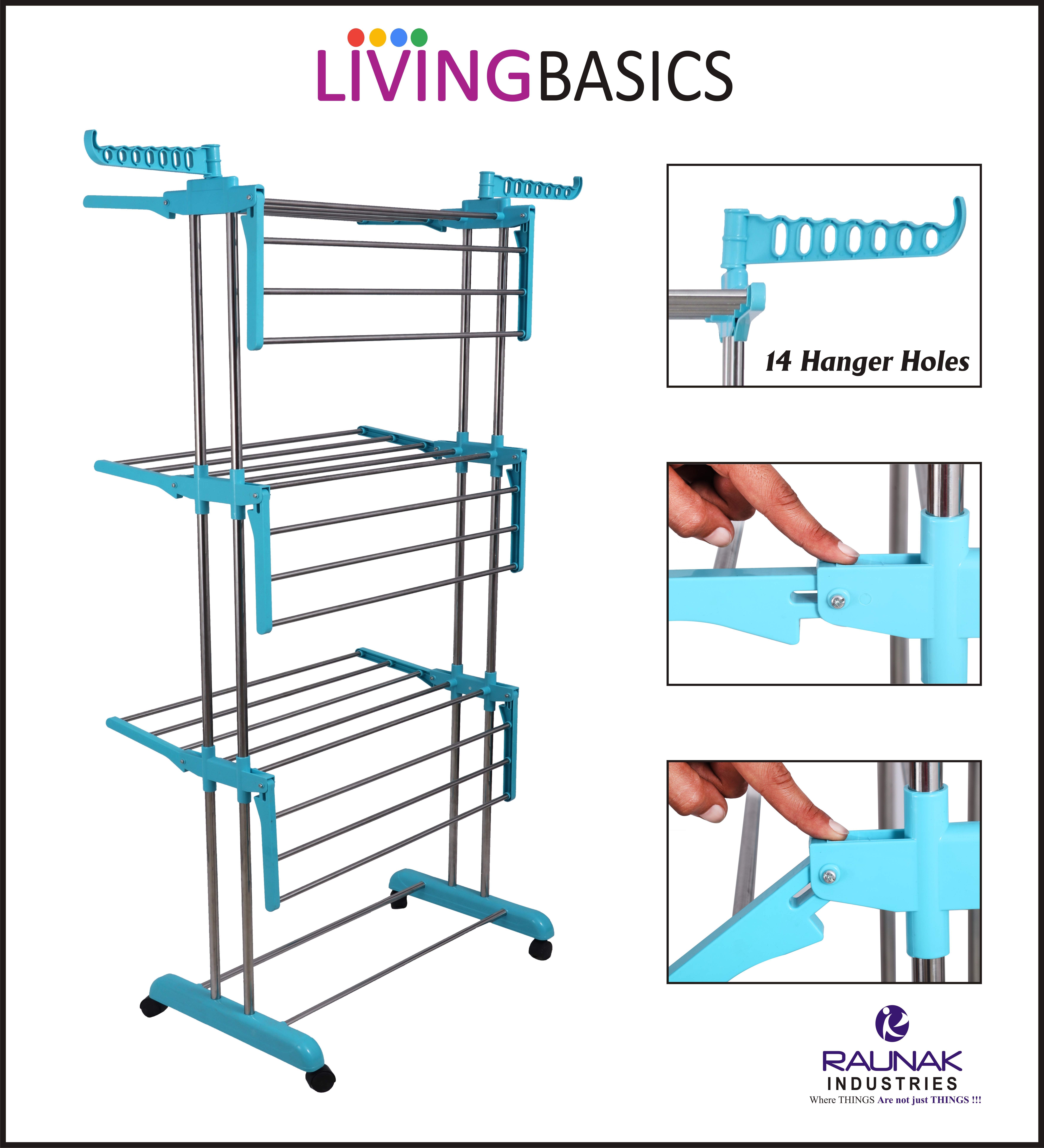 Ss Cloth Drying Rack - Stainless Steel & Abs Material, 73.15 X 67.06 X 179.83 Cm , Foldable 6 Wings With 54 Feet Drying Space, Cyan Blue