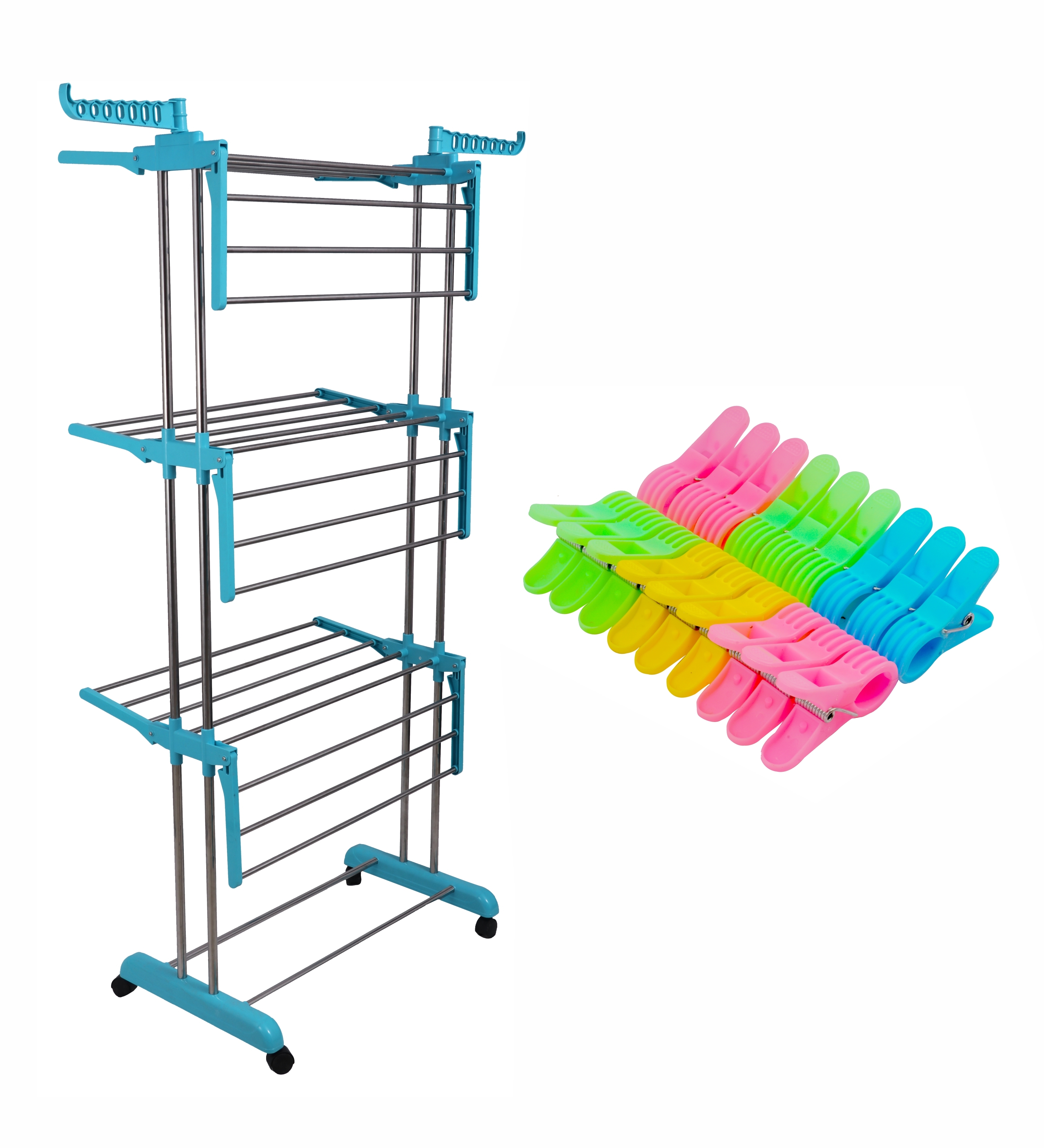 Ss Cloth Drying Rack - Stainless Steel & Abs Material, 73.15 X 67.06 X 179.83 Cm , Foldable 6 Wings With 54 Feet Drying Space, Cyan Blue
