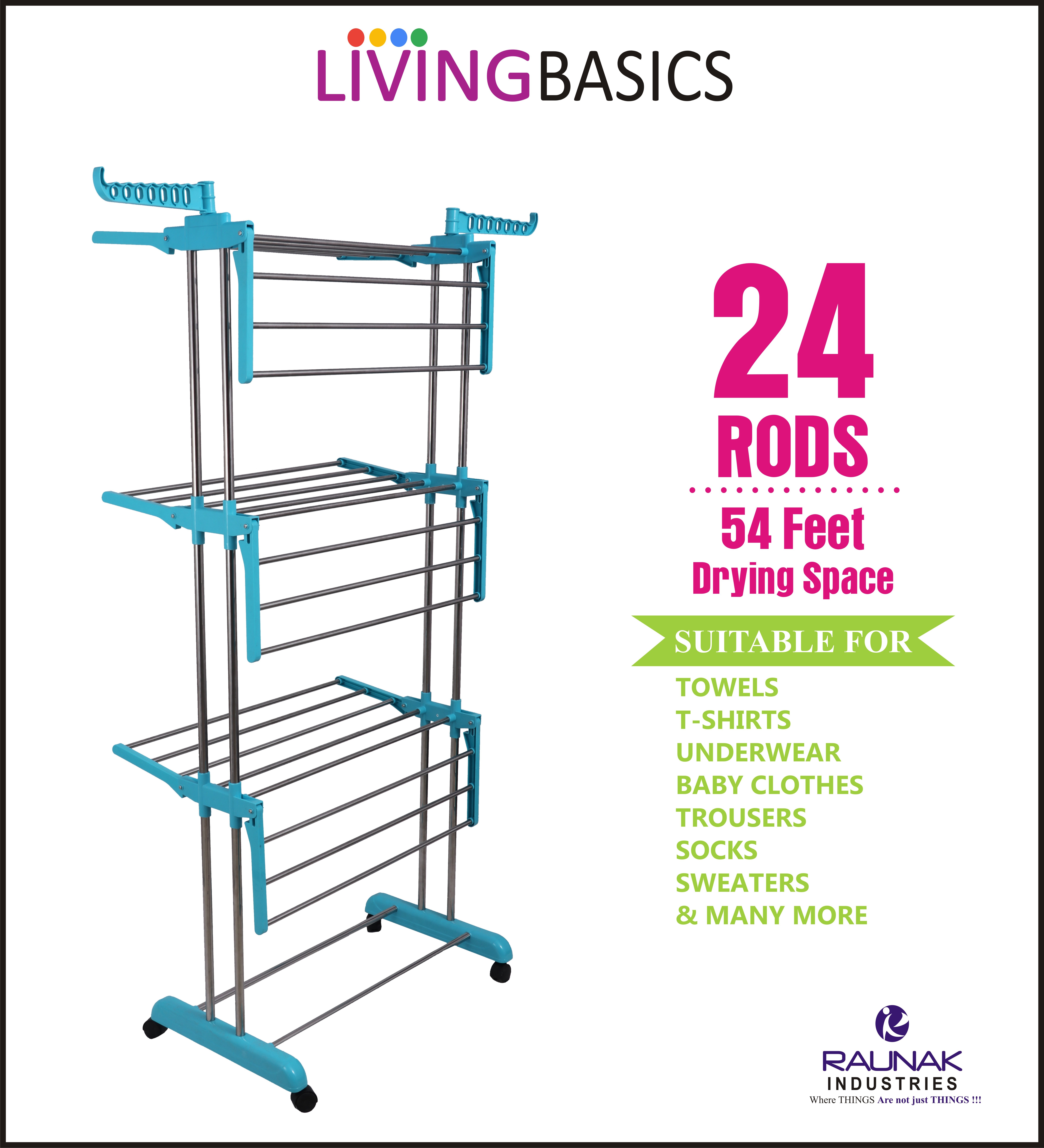 Ss Cloth Drying Rack - Stainless Steel & Abs Material, 73.15 X 67.06 X 179.83 Cm , Foldable 6 Wings With 54 Feet Drying Space, Cyan Blue