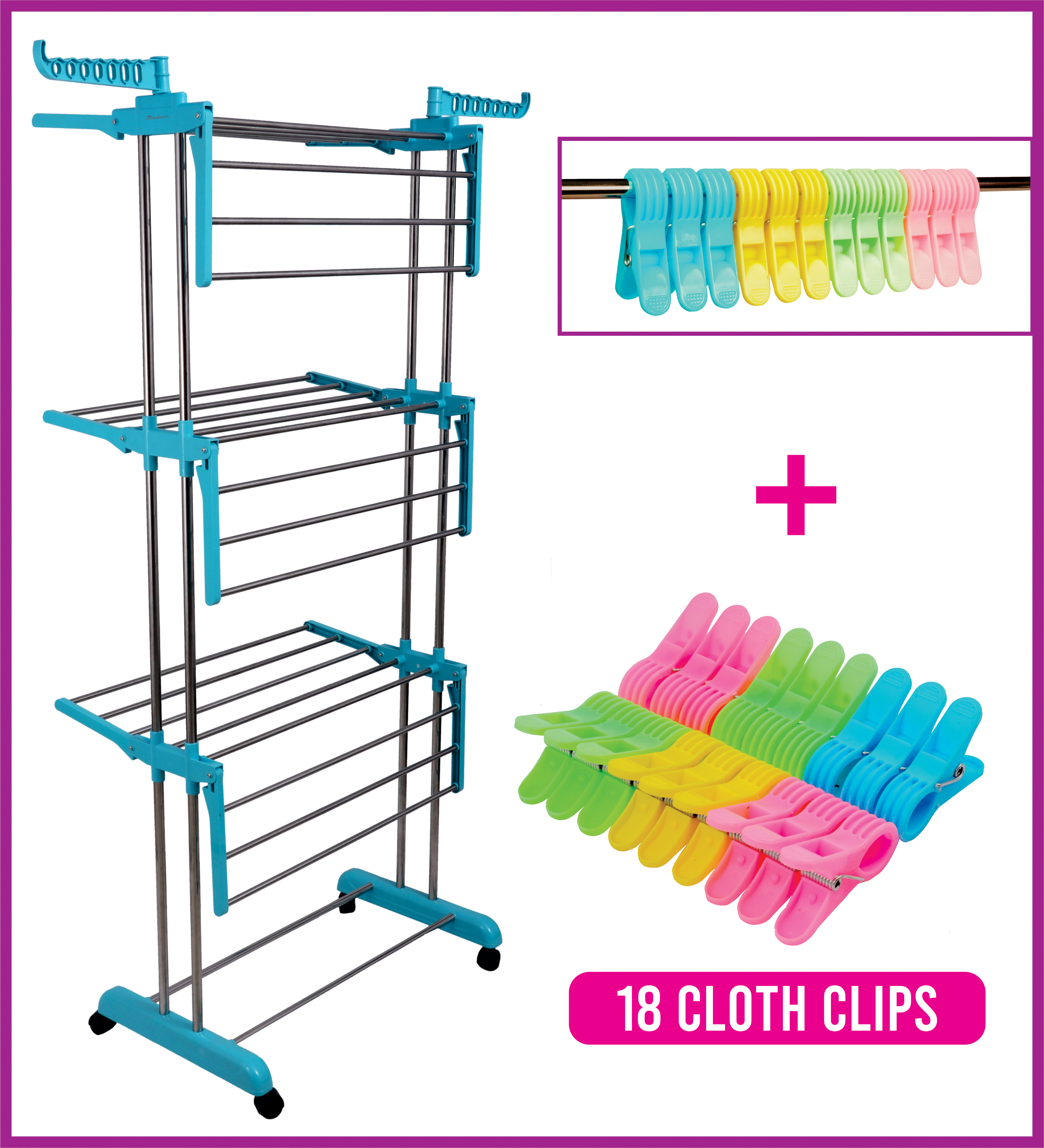 Ss Cloth Drying Rack - Stainless Steel & Abs Material, 73.15 X 67.06 X 179.83 Cm , Foldable 6 Wings With 54 Feet Drying Space, Cyan Blue
