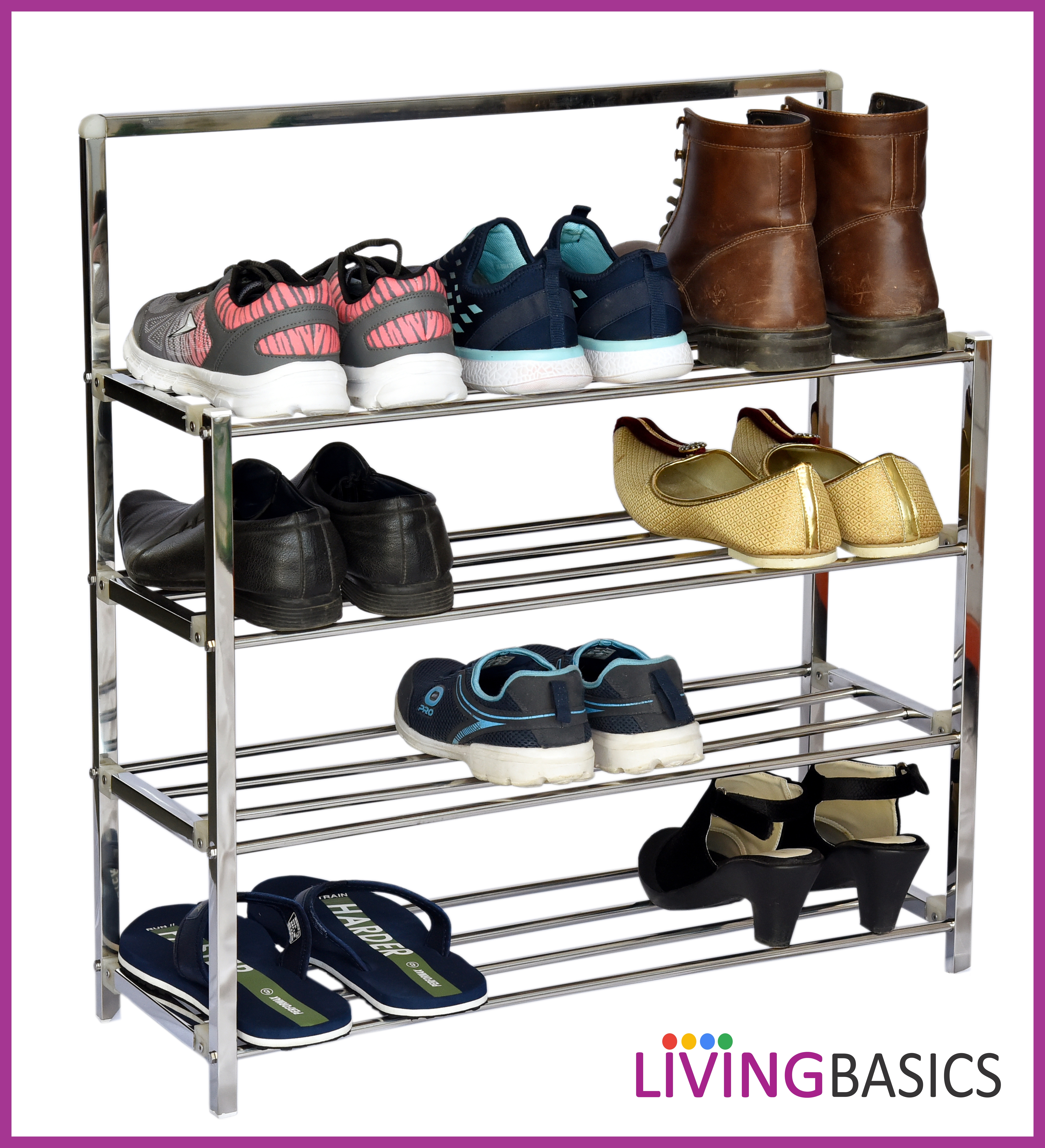 Livingbasics 4 Tier Stainless Steel Shoe Rack - 64x24x68 Cm | Eco-friendly Portable Locking System Foldable Design Easy Shoe Organization