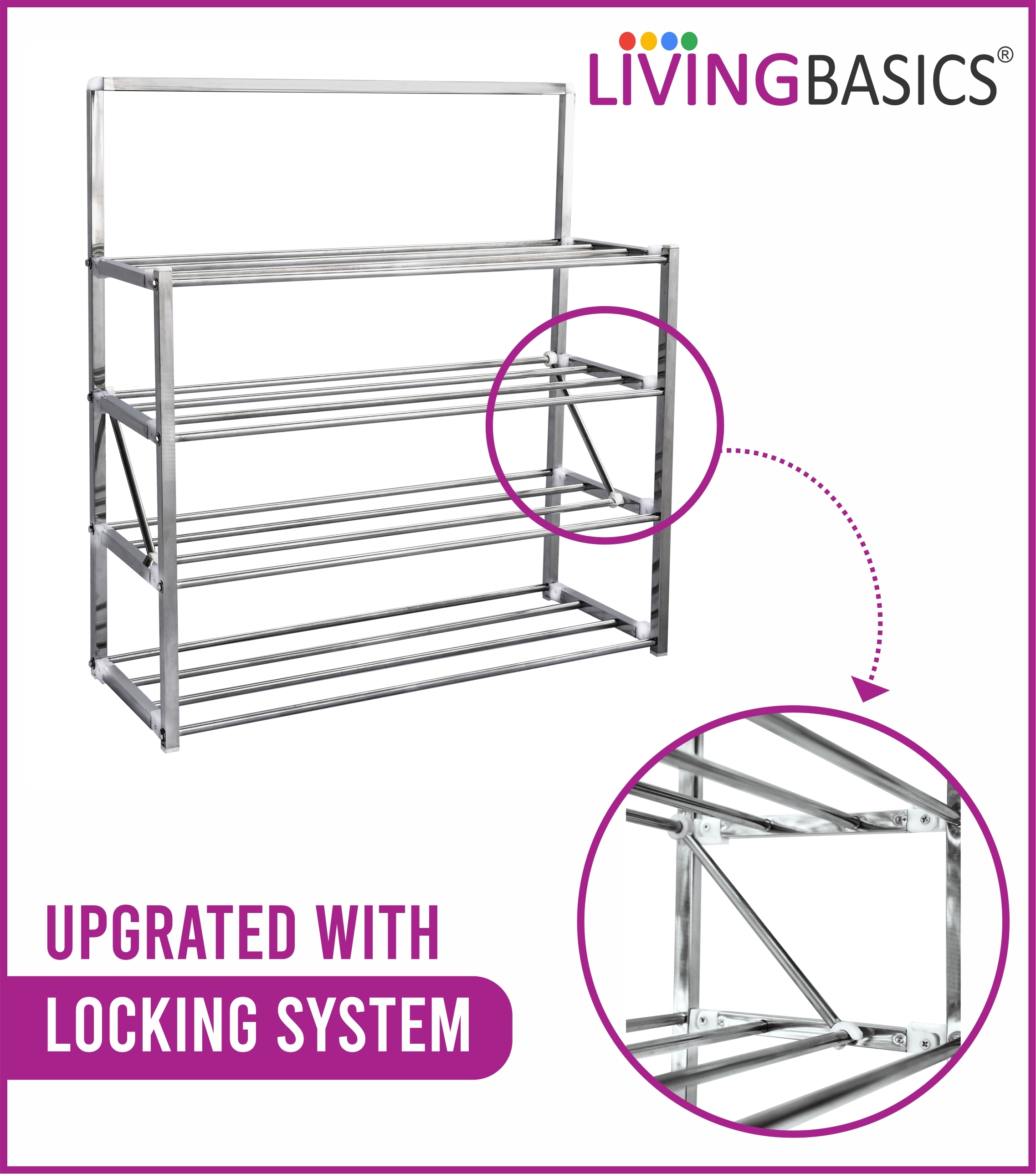 Livingbasics 4 Tier Stainless Steel Shoe Rack - 64x24x68 Cm | Eco-friendly Portable Locking System Foldable Design Easy Shoe Organization