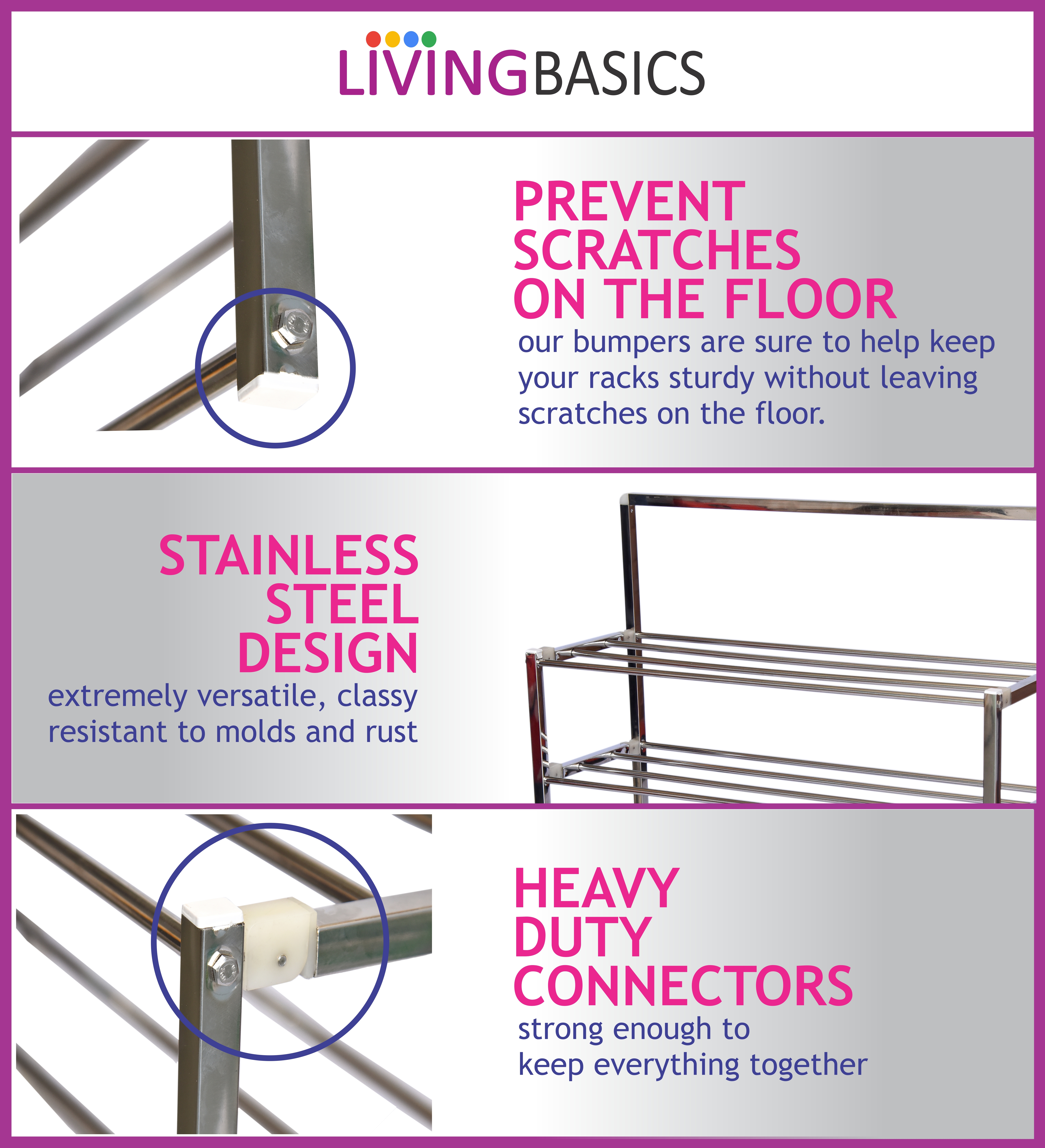 Livingbasics 4 Tier Stainless Steel Shoe Rack - 64x24x68 Cm | Eco-friendly Portable Locking System Foldable Design Easy Shoe Organization